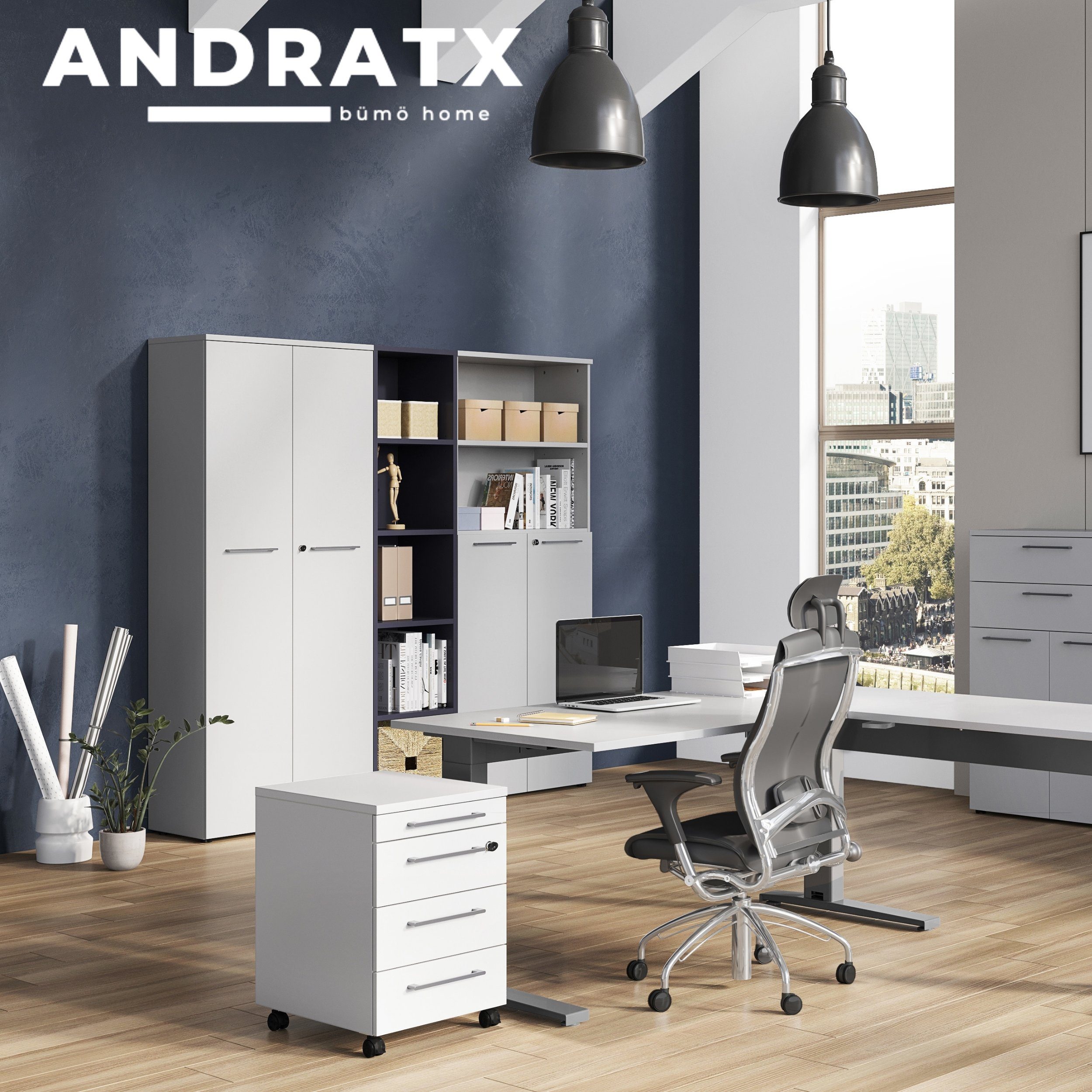 bümö Aktenregal Andratx, Regalschrank mit Flügeltüren - 5 Ordnerhöhen, Dekor: Lichtgrau