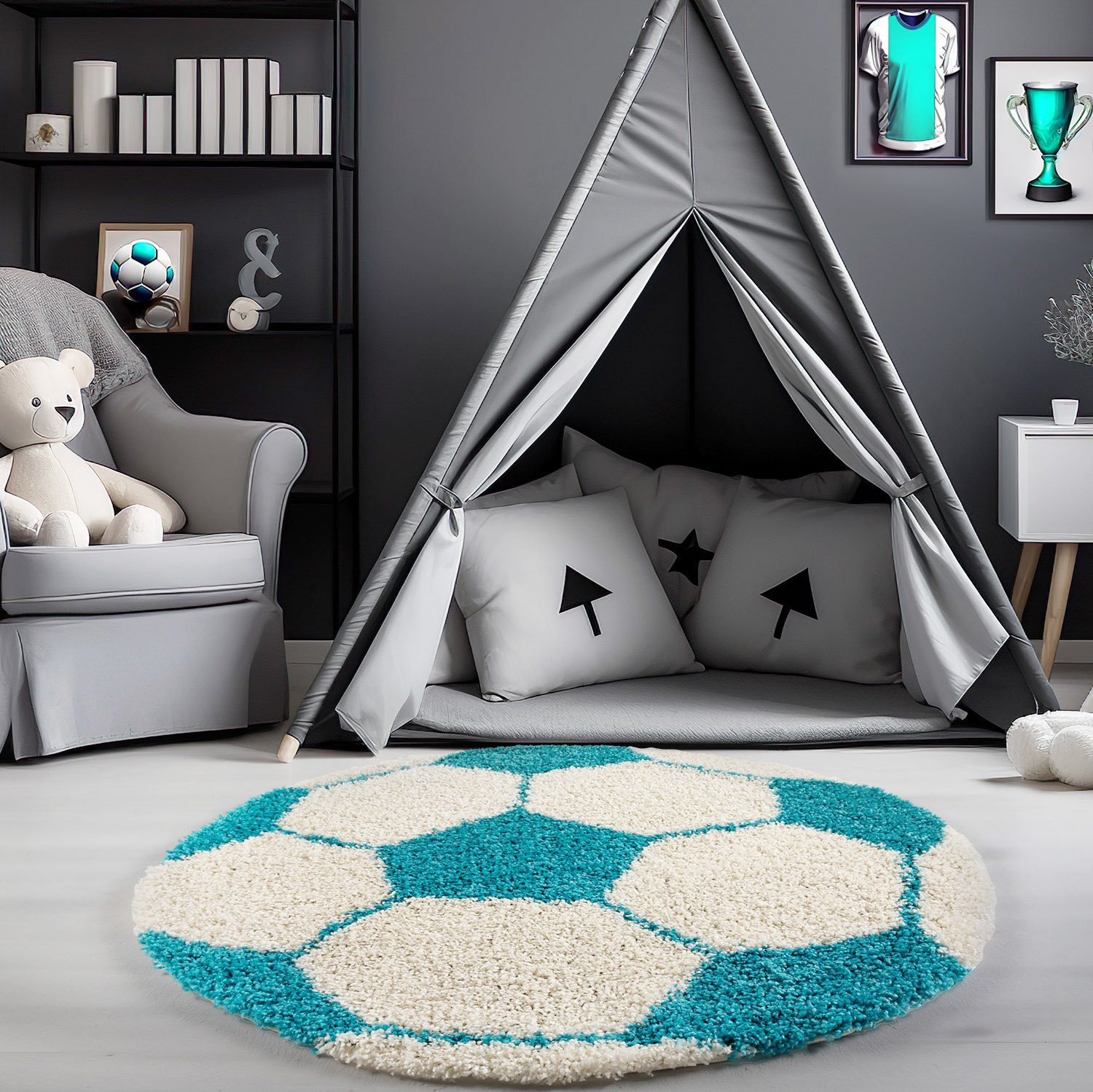 Kinderteppich Fußball-Design, Carpetsale24, Rund, Höhe: 30 mm, Kinder Teppich Fußball-Form Kinderzimmer versch.farben und größen