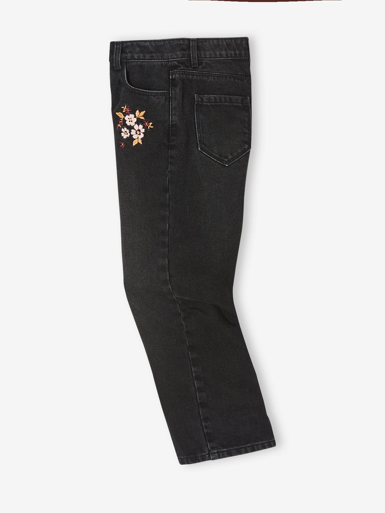 Jean large brodé fleurs fille noir imprimé