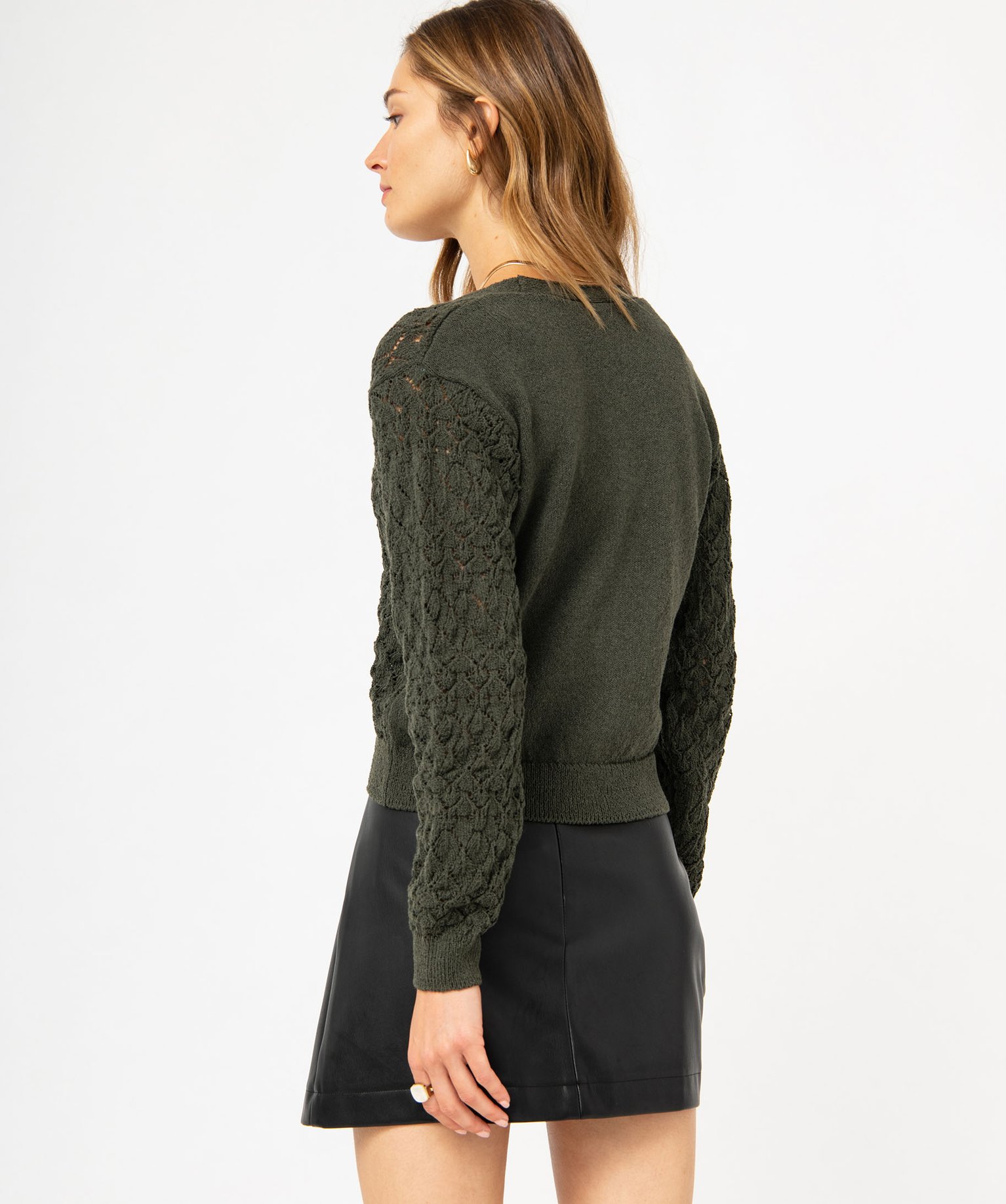 Gilet court à col V en maille ajourée femme kaki | GEMO