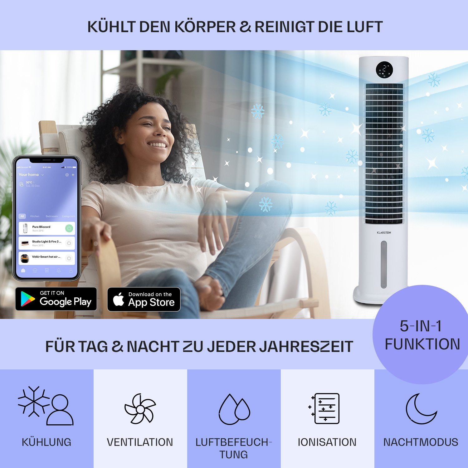 Klarstein Ventilatorkombigerät Skytower Grand Smart Luftkühler, mit Wasserkühlung & Eis mobil Klimagerät ohne Abluftschlauch