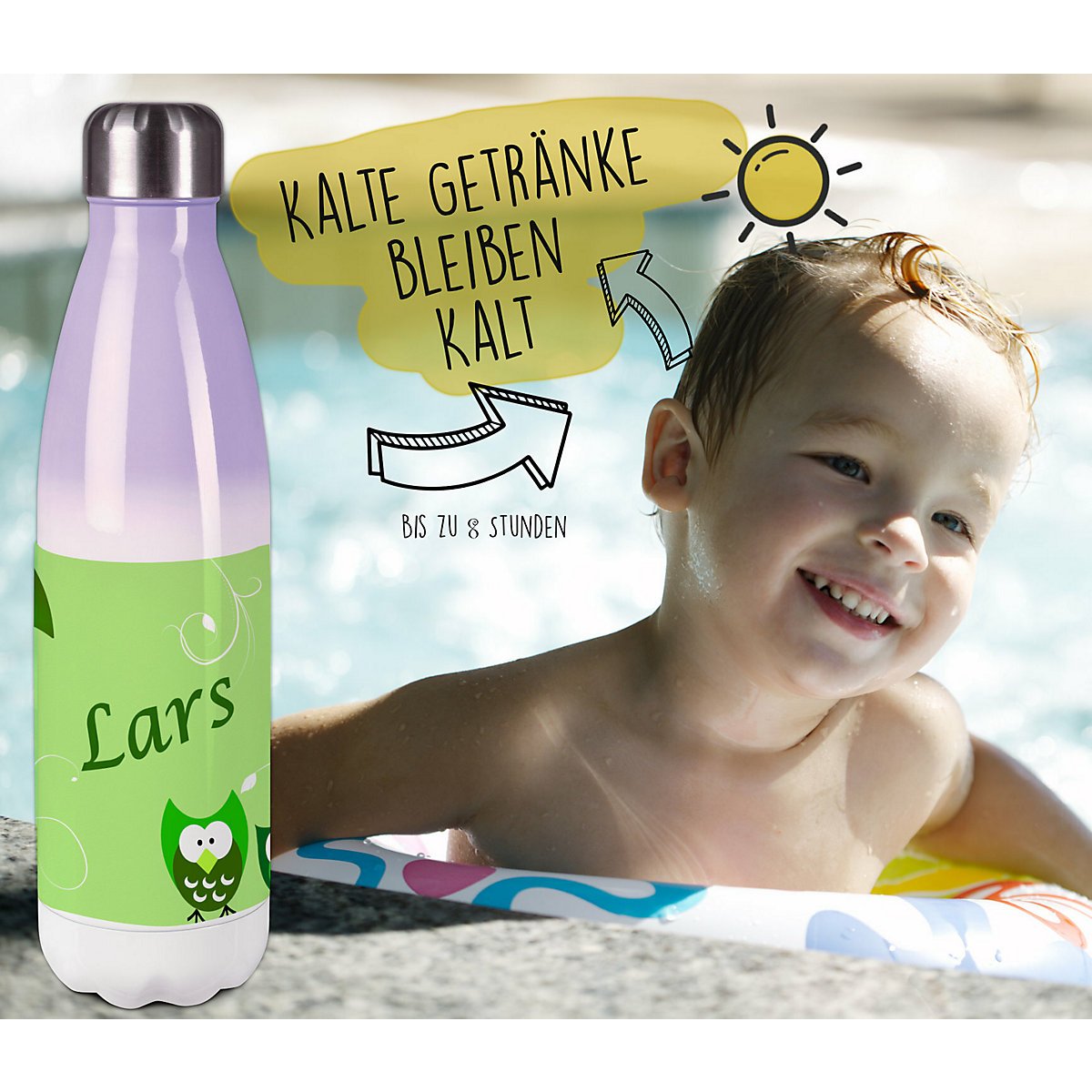 Edelstahl Kinder Thermoflasche / Trinkflasche bunt Eule Farbe grün Spülmaschinenfest, Auslaufsicher, Bruchfest, Doppelwandig, Für Heißgetränke geeignet, Mit Deckel, Isoliert