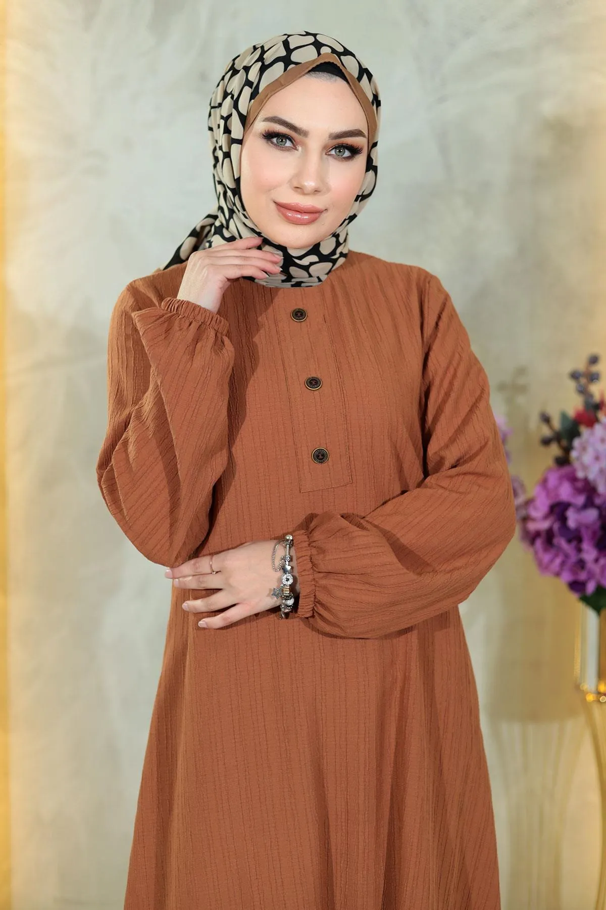 Modamihram  Geknöpftes Hijab-Set, Hellbraun 10358