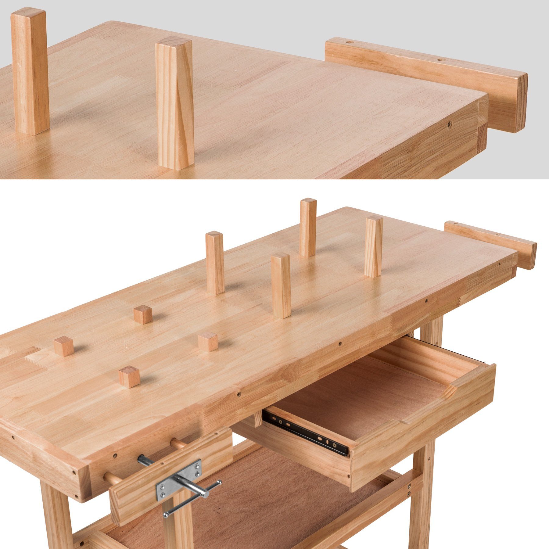 tectake Werkbank Holz Werkbank mit 2 Schraubstöcken 117 x 47,5 x