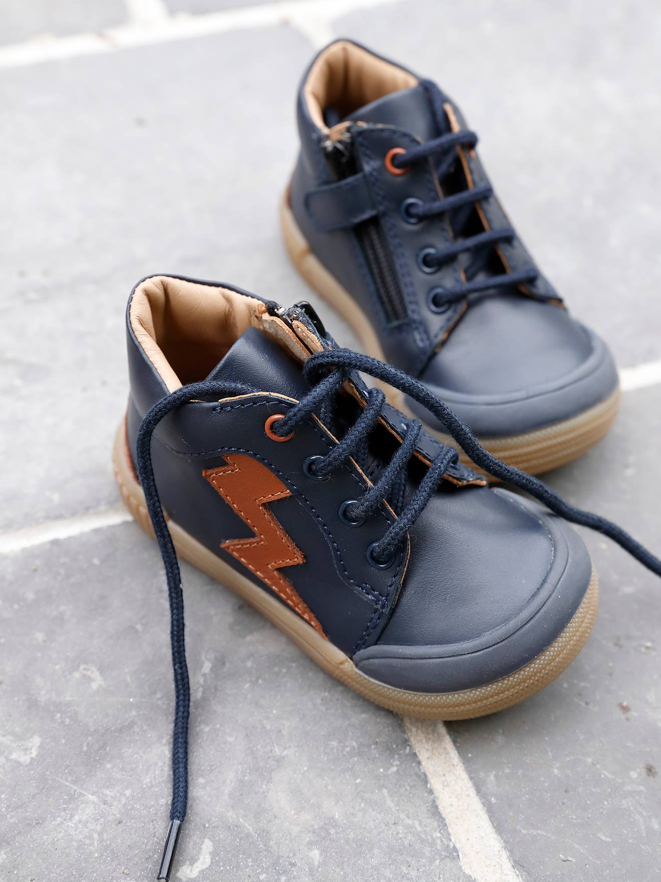 Bottines cuir bébé garçon lacets + glissière marine