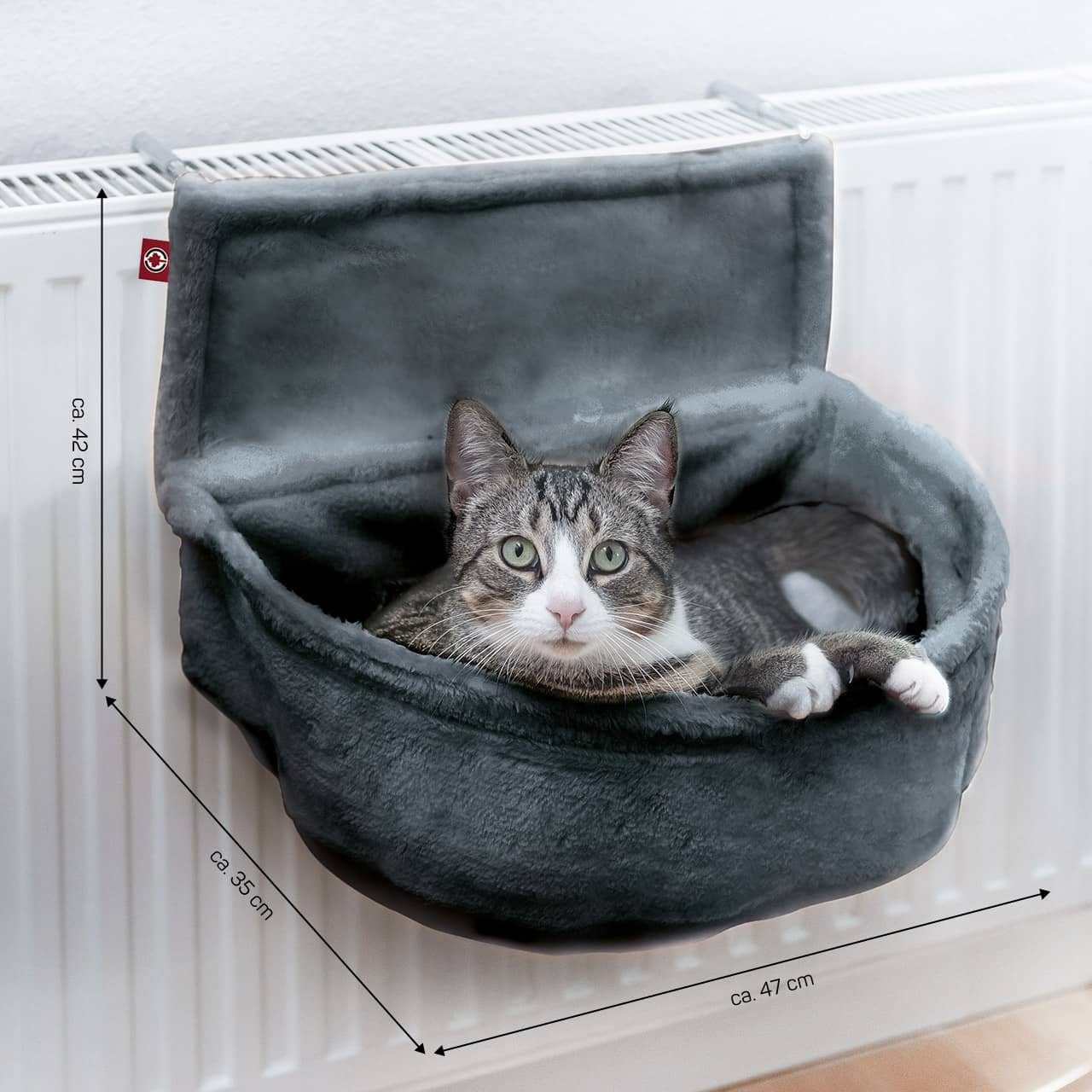 Canadian Cat Company Katzen-Hängematte Kuschelsack - Kuschelbett für die Heizung, verstellbar - Anthrazit, Plüsch, Mit Haken zum Einhängen an Heizungen mit einer dicke von 10 - 12cm