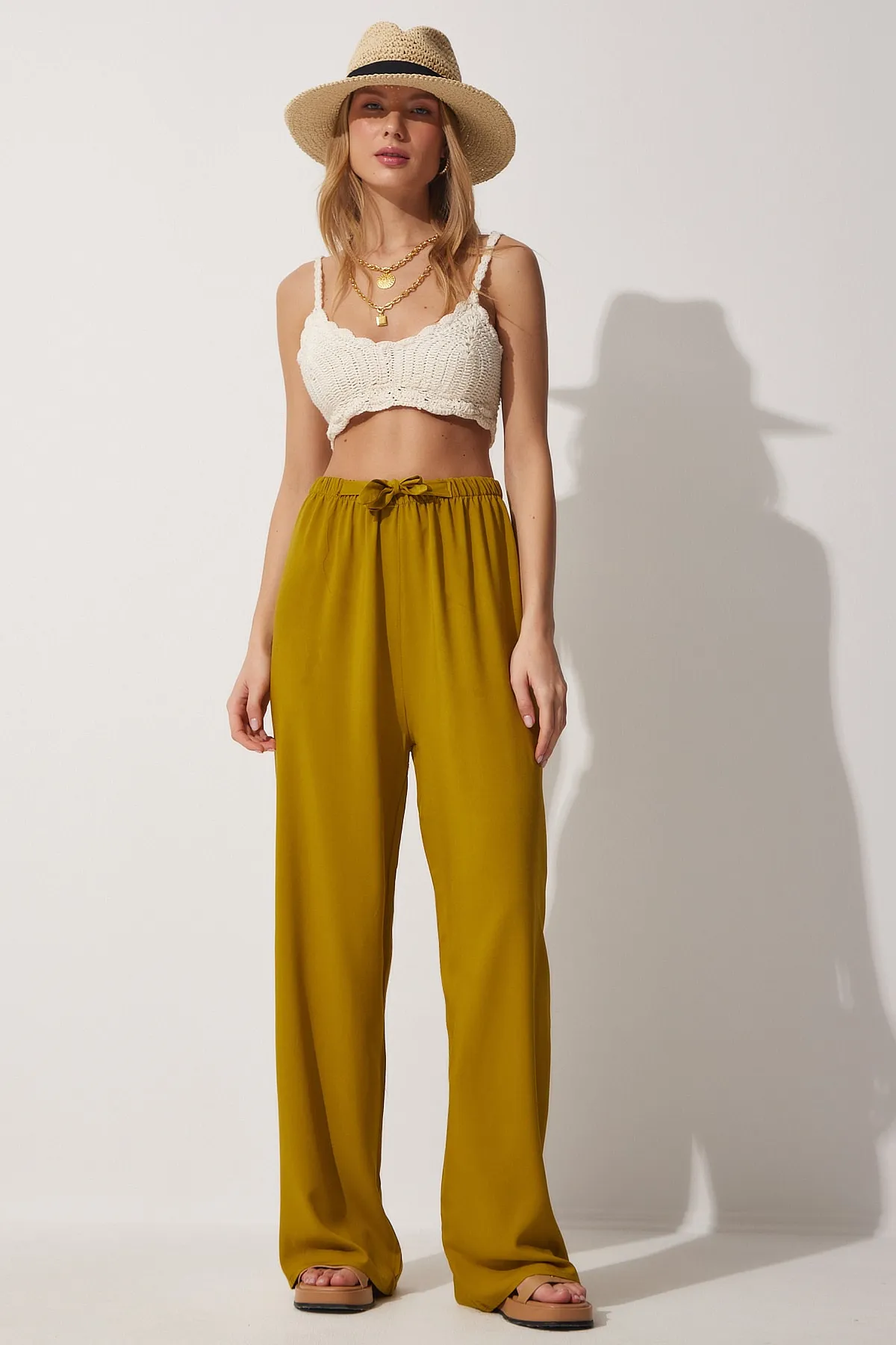 Happiness İstanbul  Ölgrüne Palazzo-Viskosehose für Damen BH00322