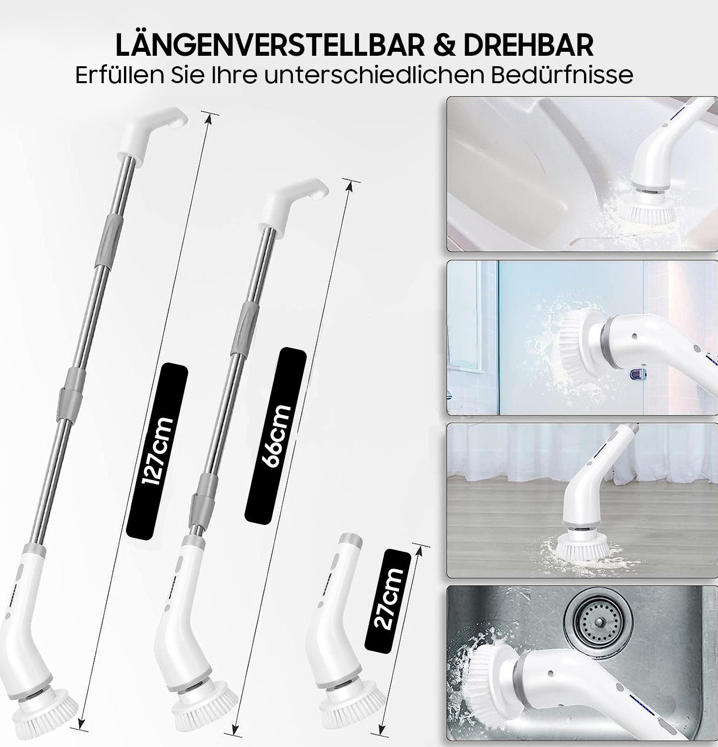 Aoucheni Reinigungsbürsten-Set 8 in 1 Elektrischer Schleuderschrubber, kabellos, Duschschrubber, Boden, Fliesen, Plissees, Jalousien, (Power Scrubber-Bürste, 130cm verstellbarem Griff, mit 8 austauschbaren Bohrbürstenköpfen), mit auswechlbarem Bürste
