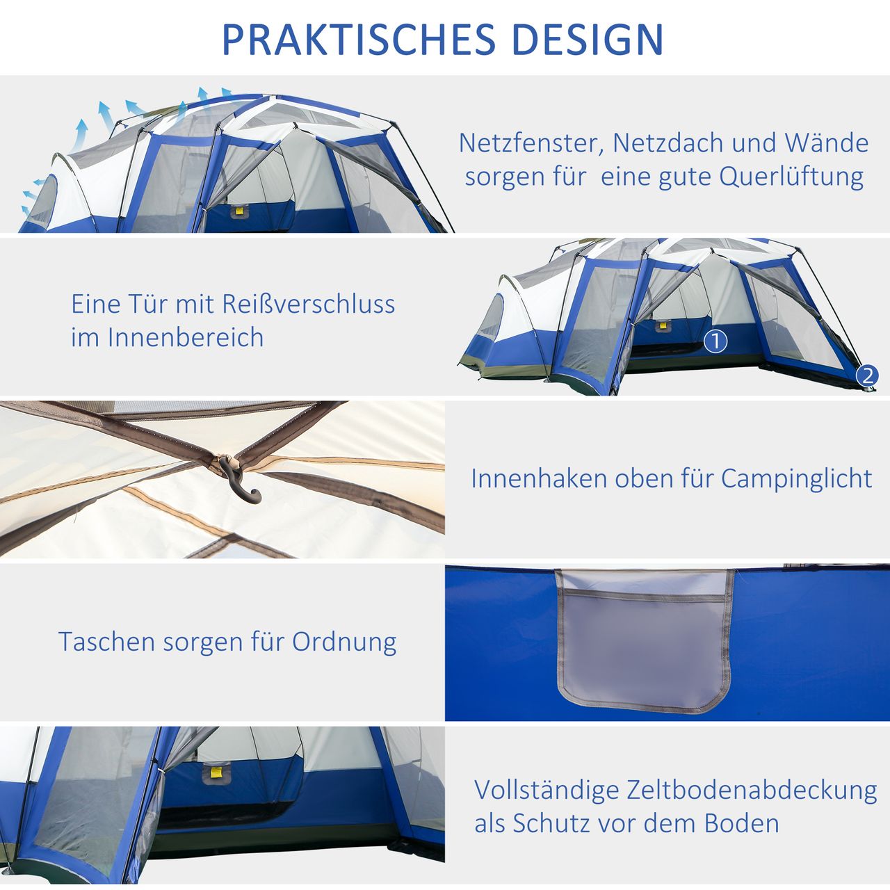 Outsunny Camping Zelt 6-8 Personen Zelt Familienzelt mit Vorraum 2 Fenster Kuppelzelt PU3000mm für Trekking Festival Glasfaser Blau 518 x 487 x 237 cm