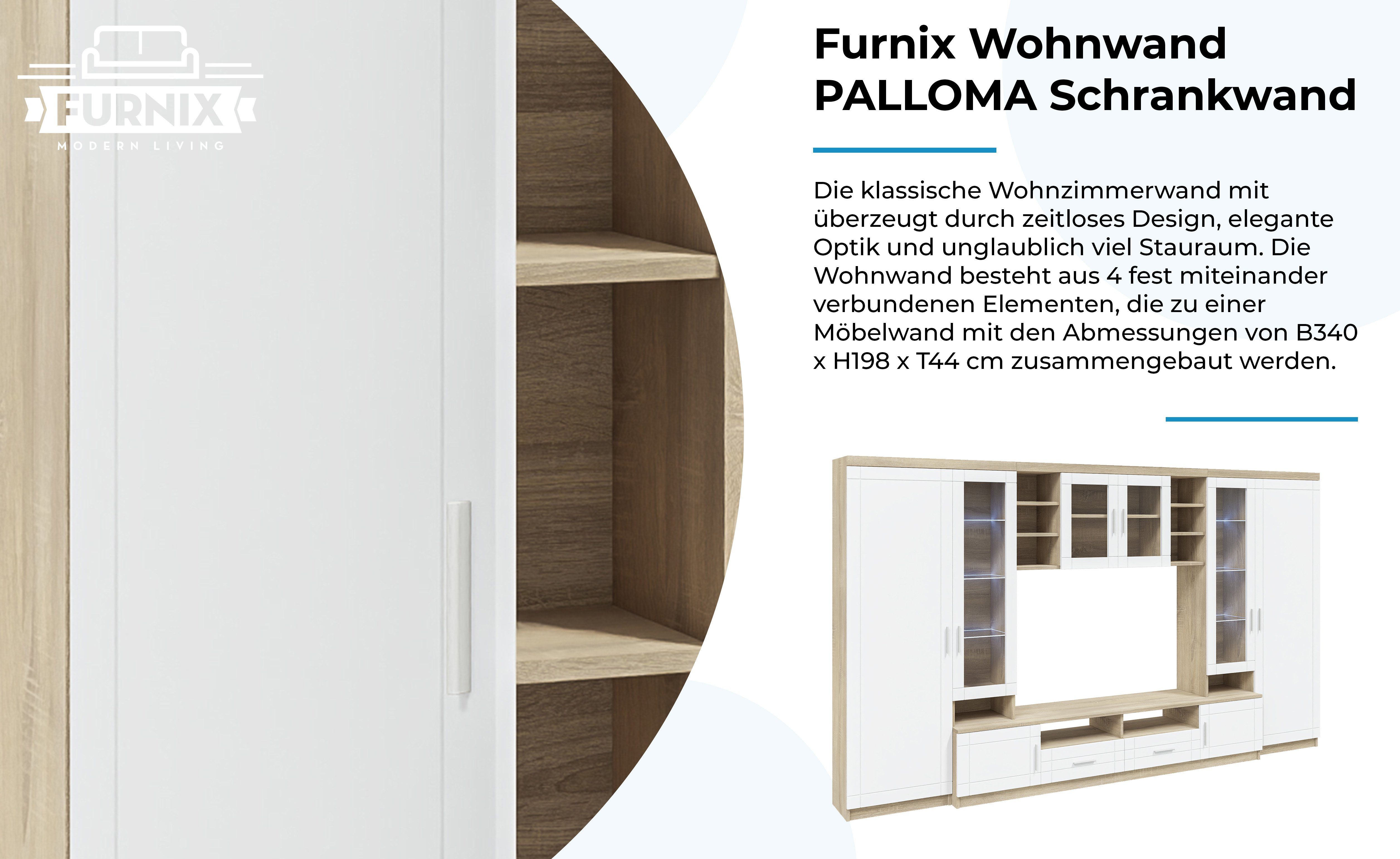 Furnix Wohnwand PALLOMA Schrankwand multifunktionell, 2 Hochschränke, TV-Schrank, Hängeschrank, B340 x H198 x T44 cm