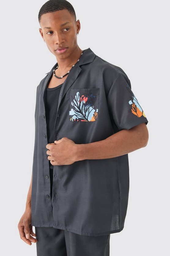 Leinen-Look Hemd mit floralem Saum & Hose