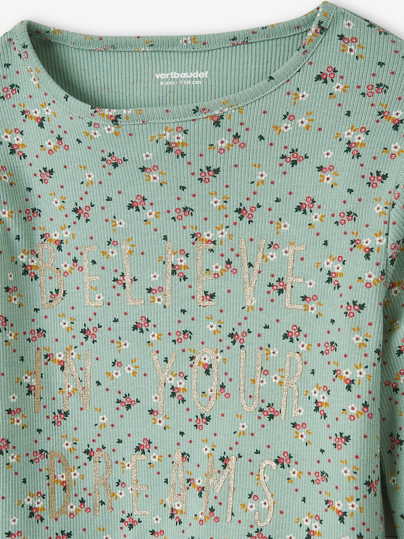 Pyjama fille fleuri en maille côtelée light sauge