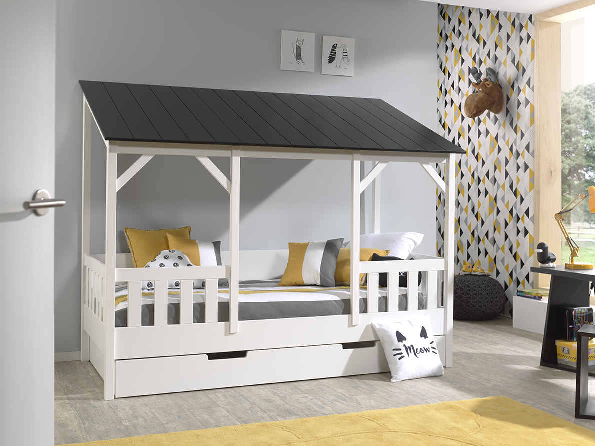 VIPACK Hausbett mit 90 x 200 cm Liegefläche und Bettschublade, Korpus Weiß lackiert, Dach in Schwarz
