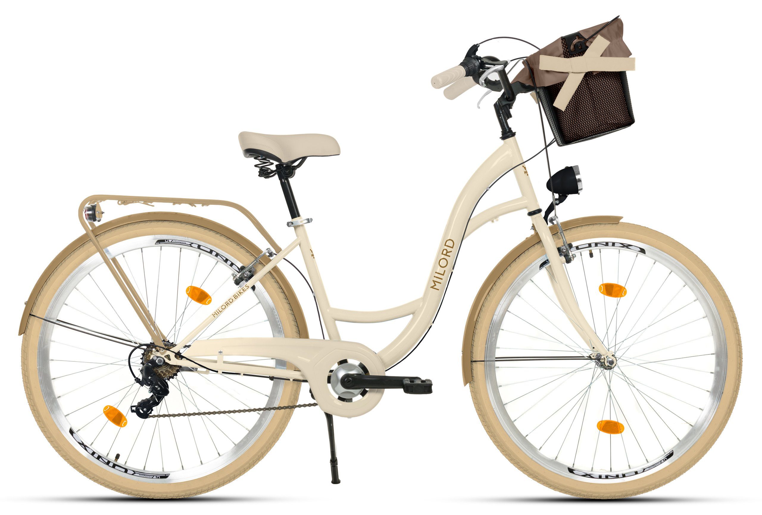 MILORD BIKES Cityrad Milord City Fahrrad Korb Damenfahrrad, 28/26 Zoll, Creme-Braun, 7-Gang, 7 Gang, Kettenschaltung