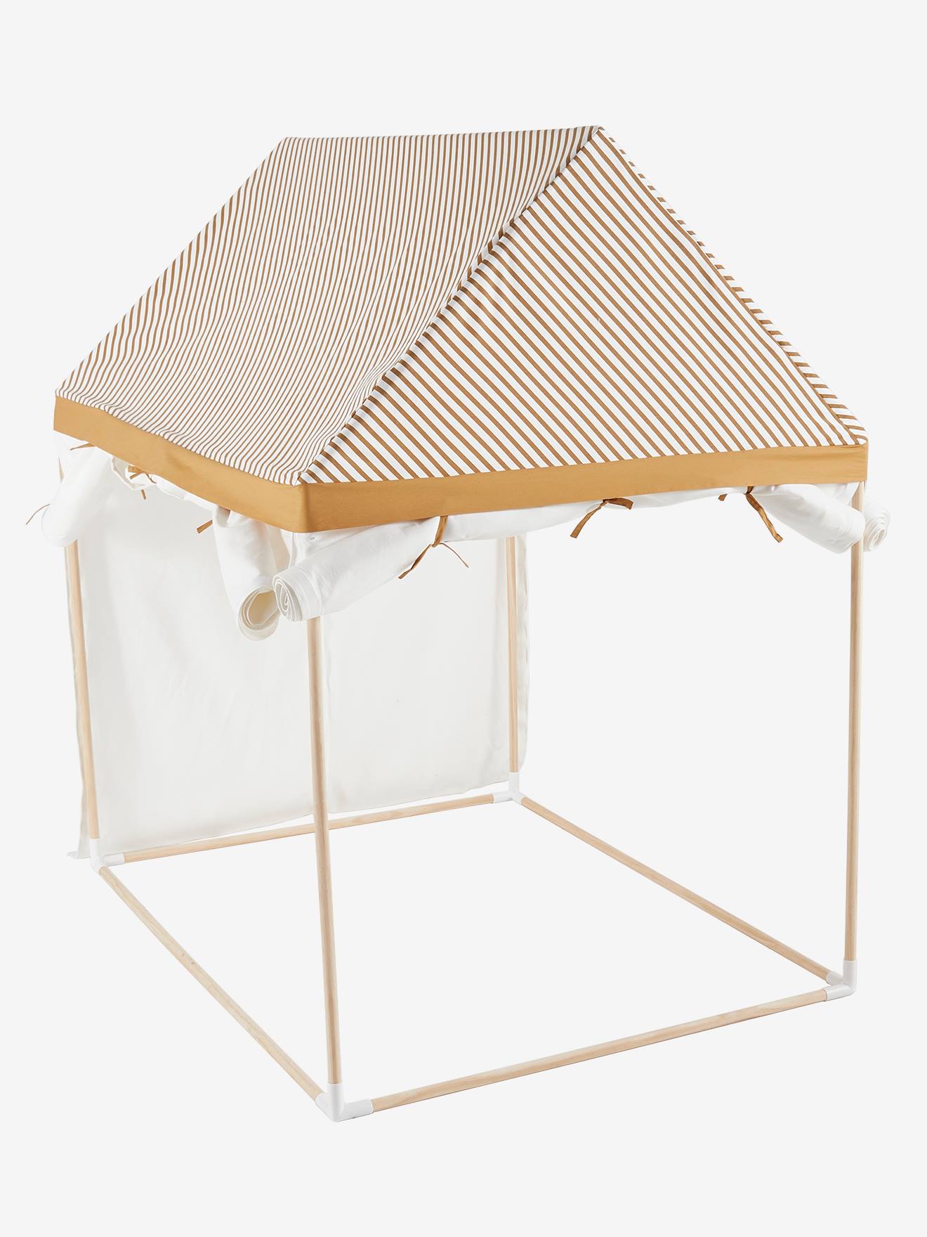 Vertbaudet Kinder Spielzelt, Spielhaus aus Stoff/Holzstangen - wollweiß/senfgelb