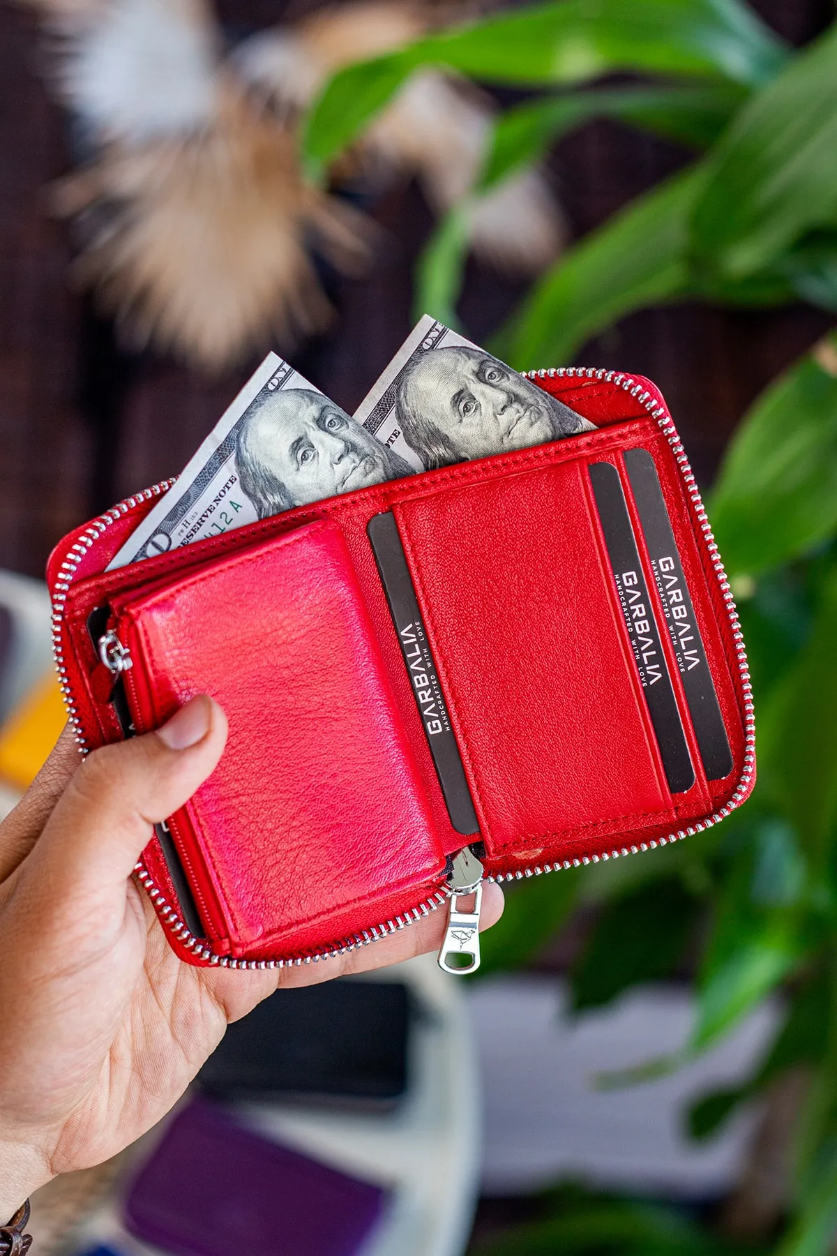 Garbalia  Sydney Echtes Leder-Reißverschluss-Unisex-Geldbörse in Rot mit Münzfach