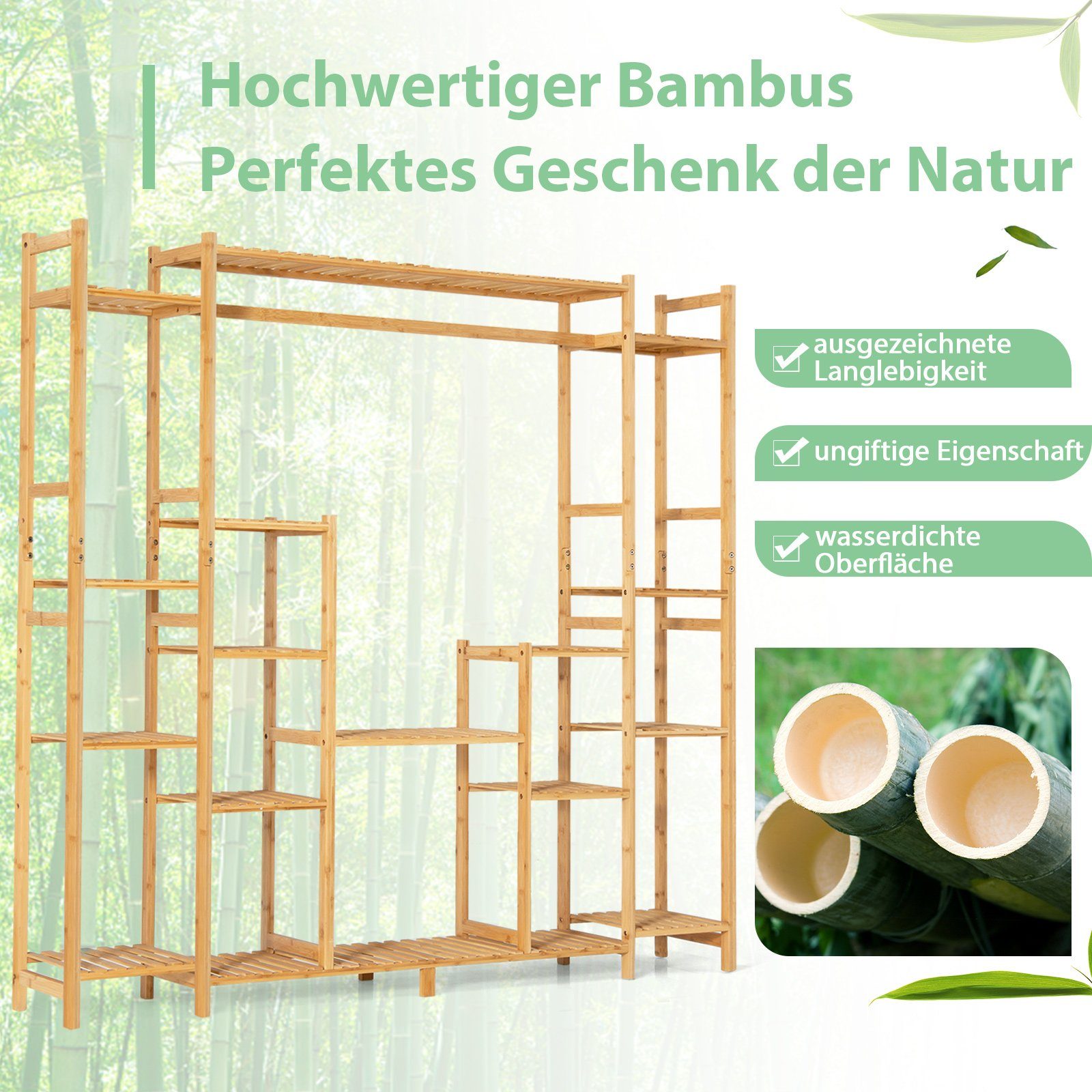 COSTWAY Pflanzentreppe, mit 9 Ebenen & Hängegestell, aus Bambus 167x30x166cm
