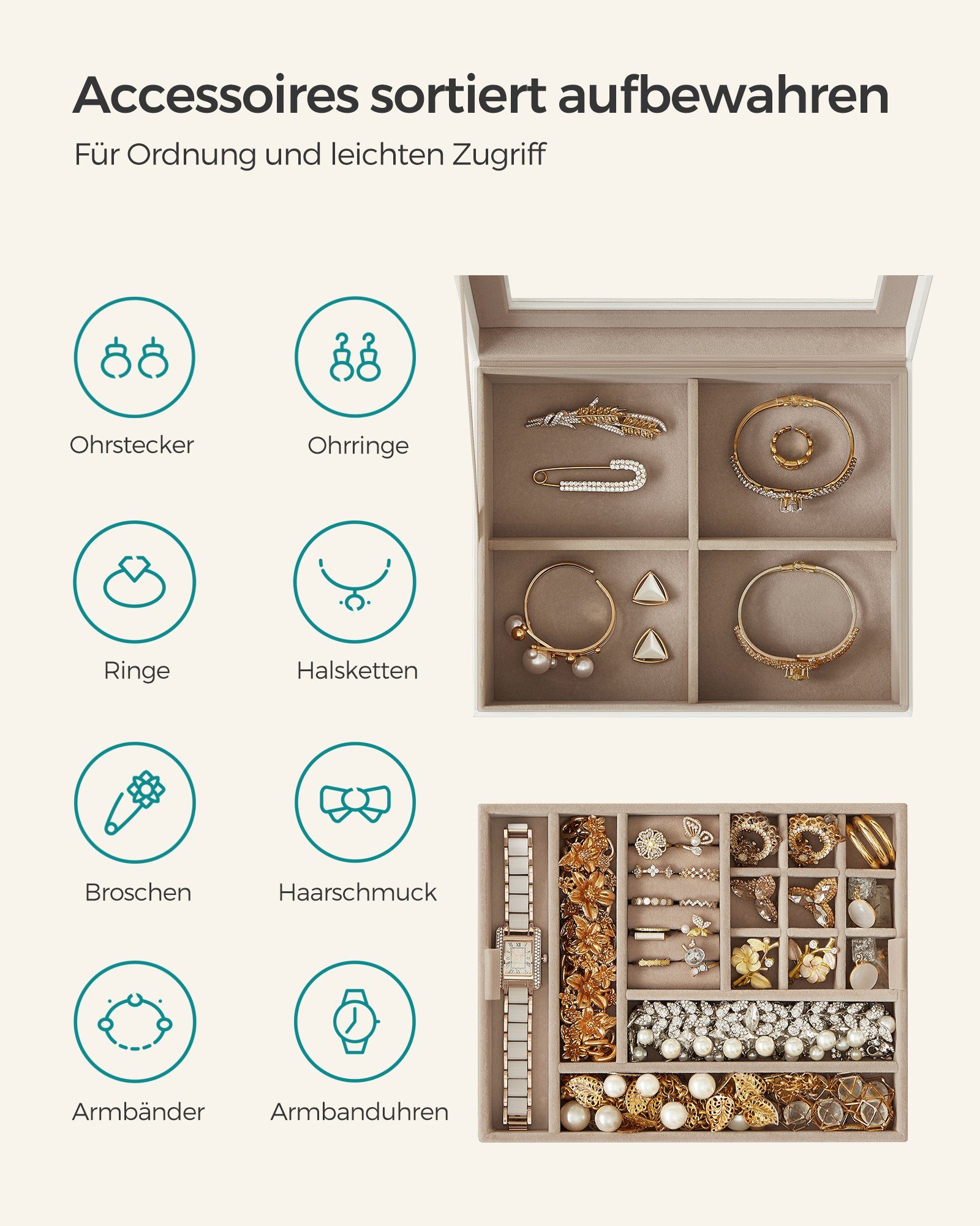 SONGMICS Schmuckkasten, mit Glasdeckel, Schmuckkasten 2 Ebenen, Schmucktablett herausnehmbar