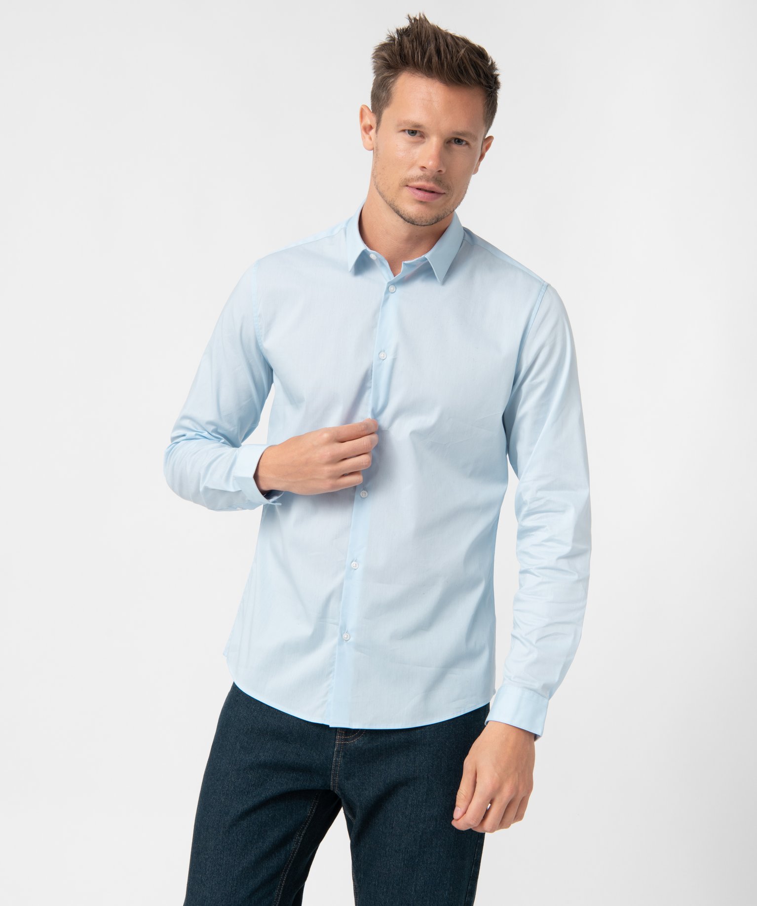 Chemise homme unie coupe slim en coton stretch bleu | GEMO
