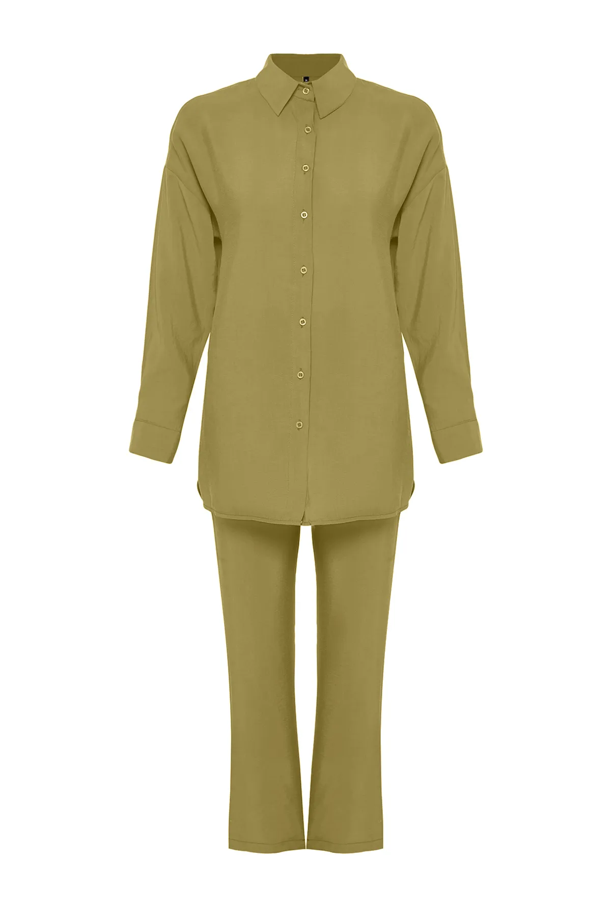 Trendyol Modest  Khakifarbenes Set aus gewebtem Modalstoff mit Hemd und Hose unten TCTSS24US00058