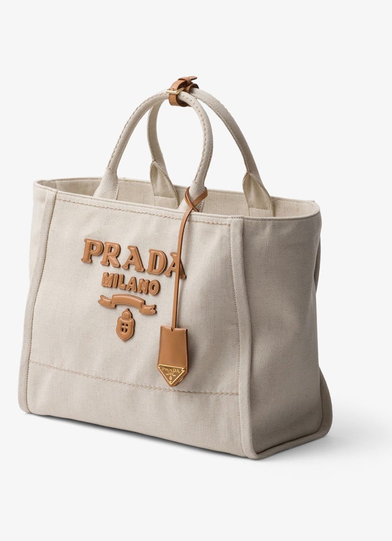 Prada Large shopper in linen blend with leather details