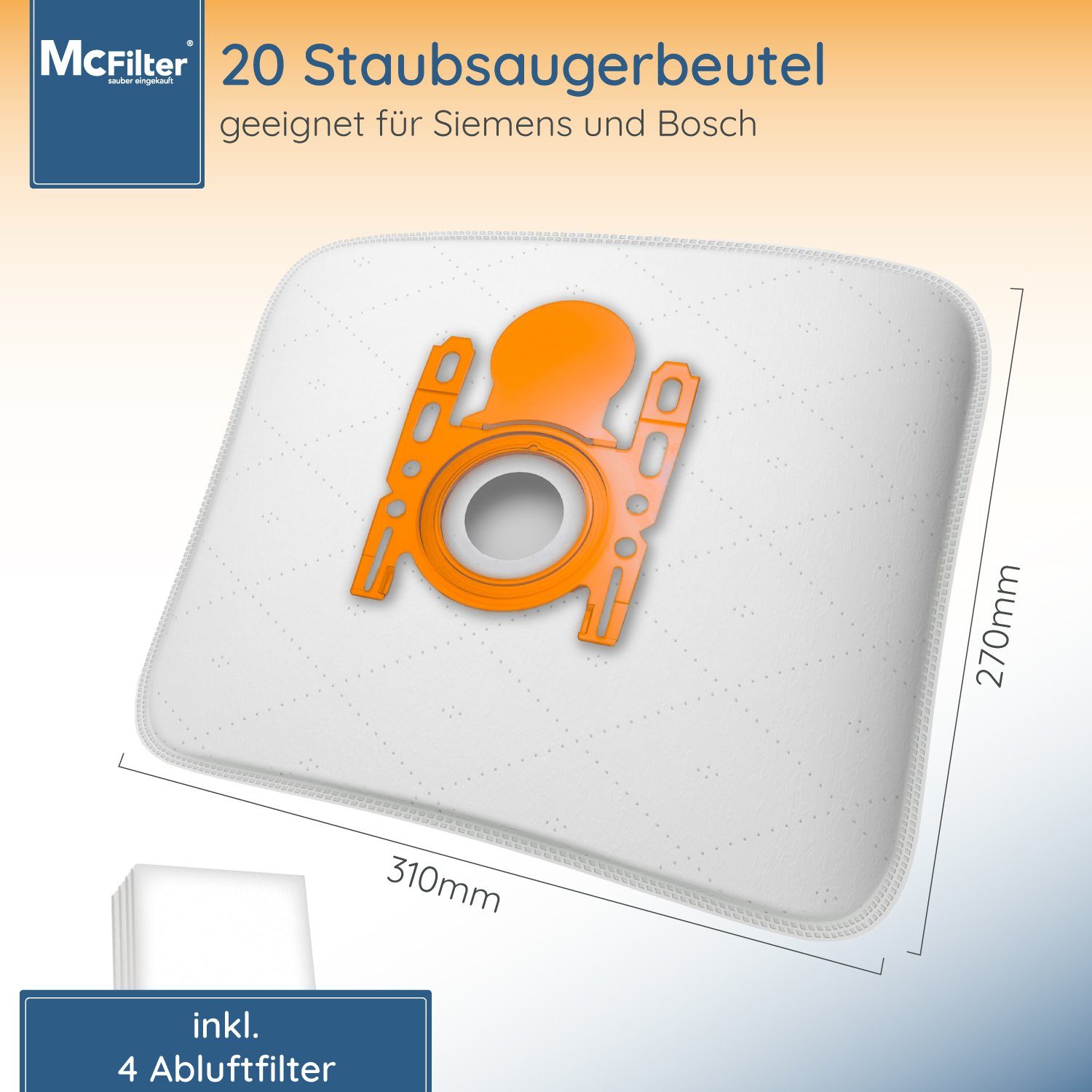 McFilter Staubsaugerbeutel 20 Stück passend für Siemens VSQ5X1230 Q5.0 extreme Silence Power, 20 St., 5-lagiger Beutel mit Hygieneverschluss, inkl. Filter