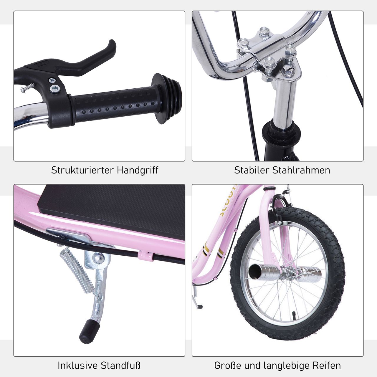 HOMCOM Kinderroller mit Luftreifen Scooter Tretroller Kickboard 16 Zoll Rosa
