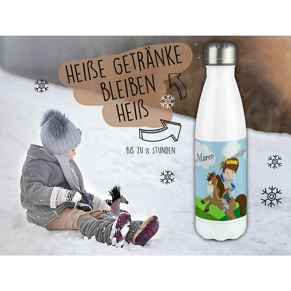 Edelstahl Kinder Thermoflasche / Trinkflasche bunt Ritter Spülmaschinenfest, Auslaufsicher, Bruchfest, Doppelwandig, Für Heißgetränke geeignet, Mit Deckel, Isoliert