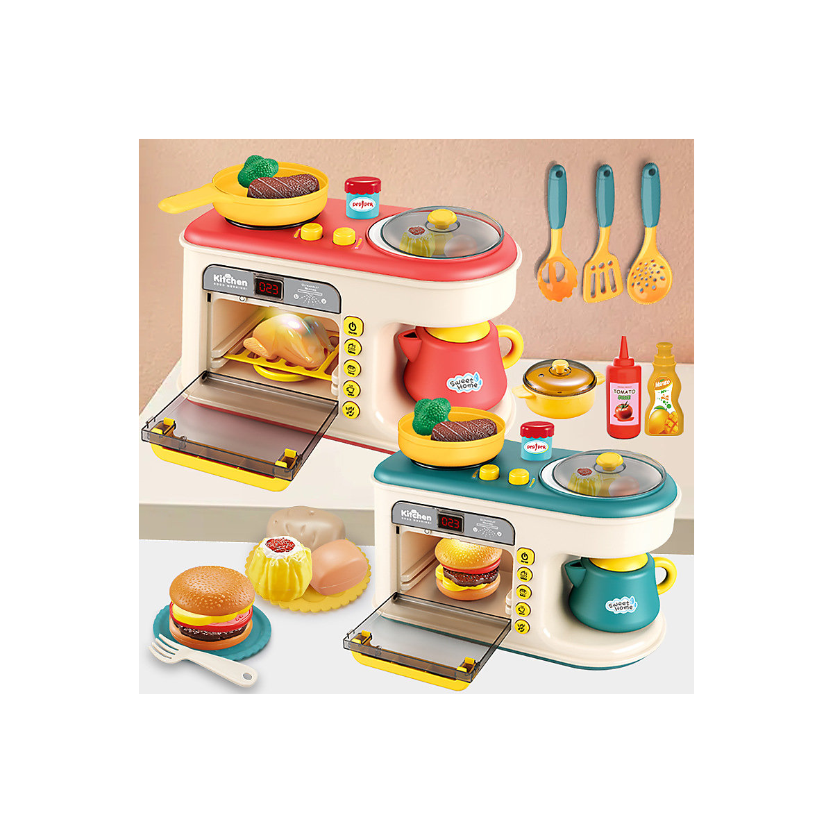 Mini-Küchenspielzeug für Kinder 47PCS Multifunktions-Frühstücksmaschine, Mikrowelle, Kindergeschirr