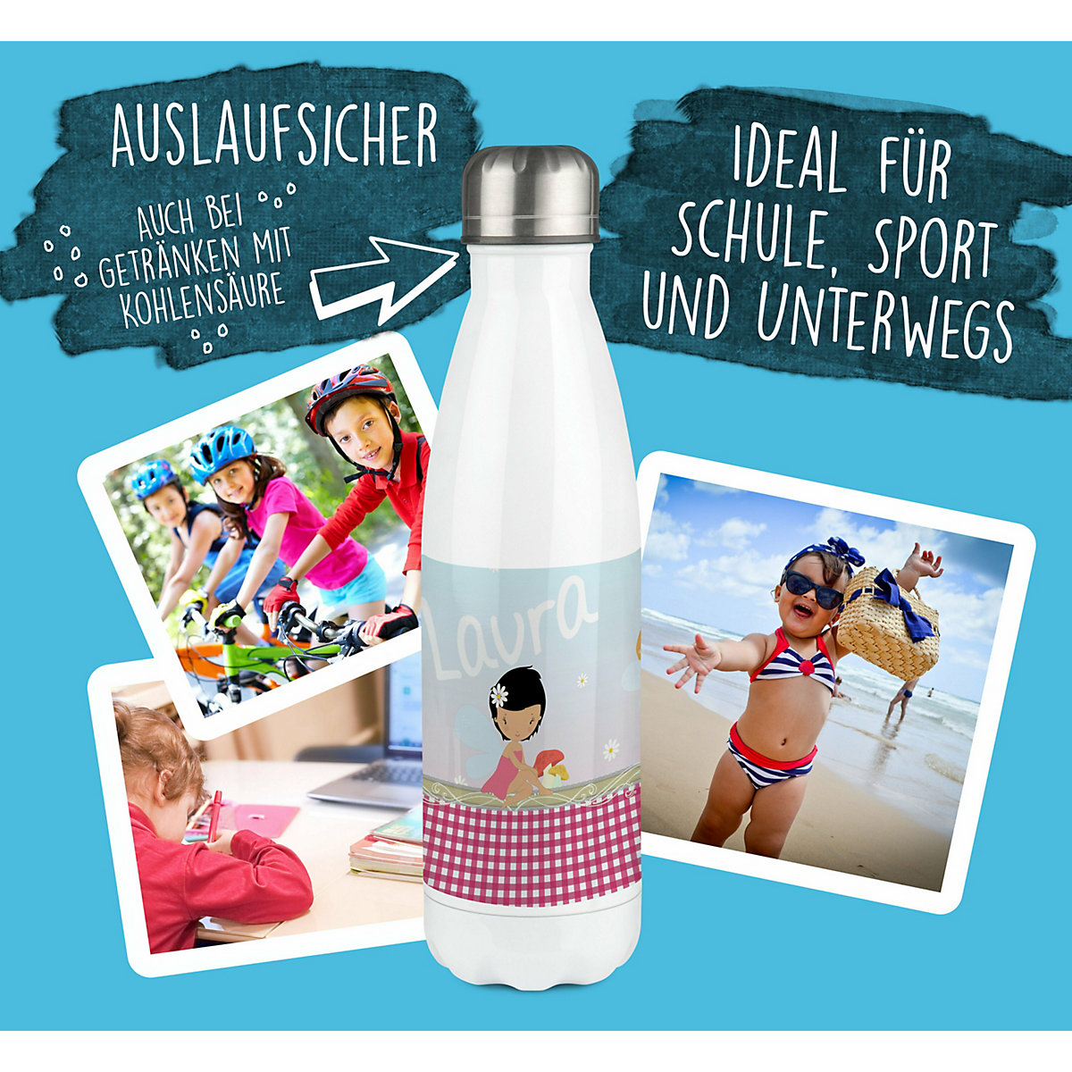 Edelstahl Kinder Thermoflasche / Trinkflasche bunt Fee Spülmaschinenfest, Auslaufsicher, Bruchfest, Doppelwandig, Für Heißgetränke geeignet, Mit Deckel, Isoliert