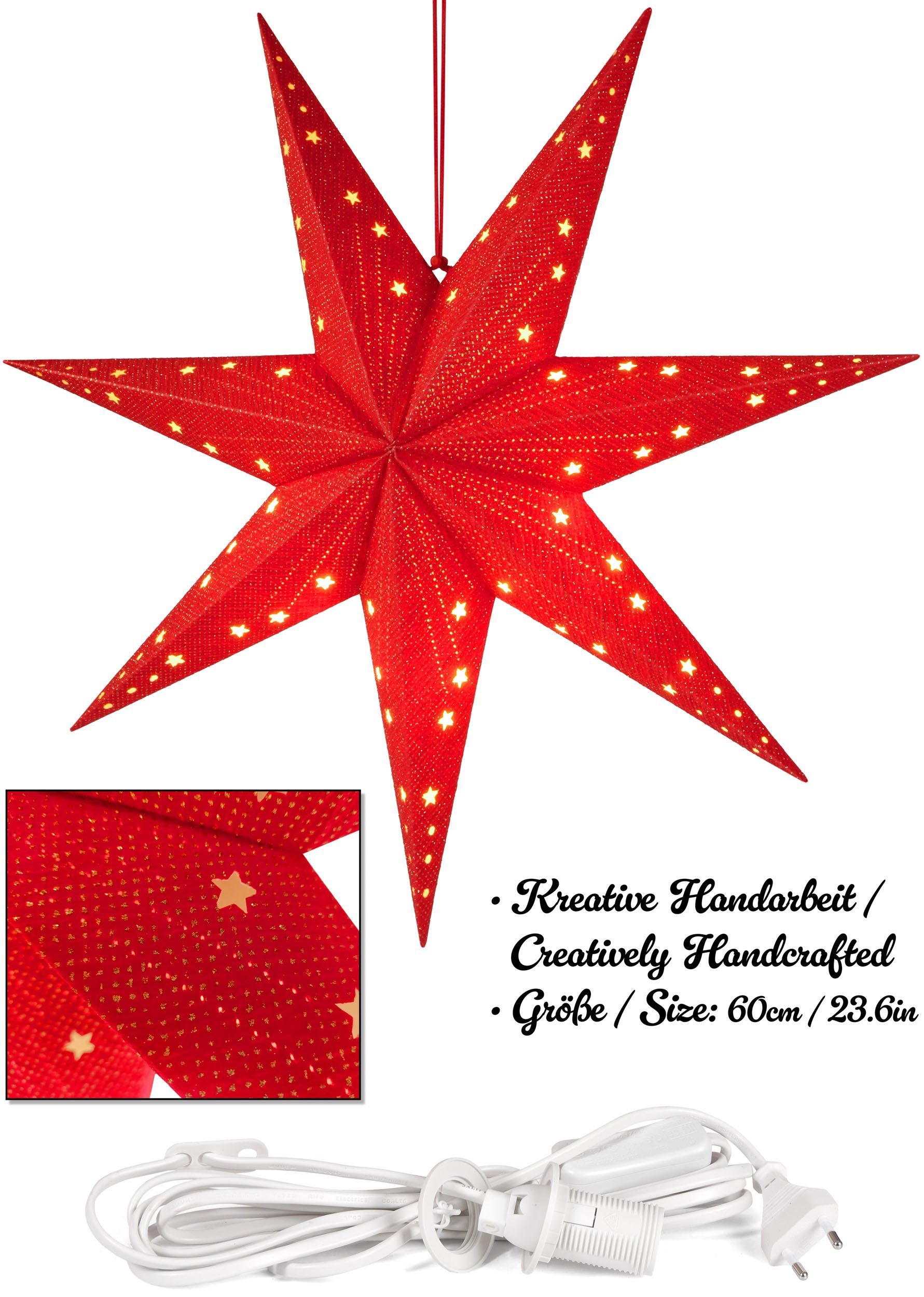 BRUBAKER Dekostern Weihnachtsstern zum Aufhängen mit E14 Fassung - 60 cm Papierstern, 1 St., 3D Adventsstern mit 3,5 m Kabel - Fenster Deko Leuchtstern Hängend