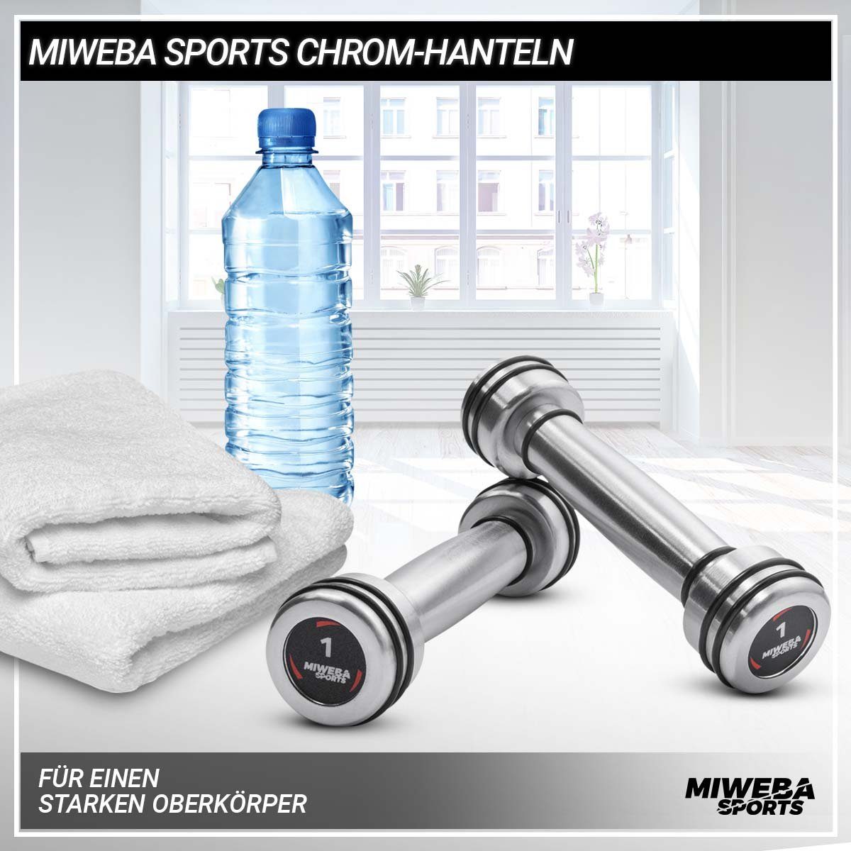 Miweba Sports Hantel-Set Profi Chrom Gymnastik Hantel Set - 8 Gewichtsklassen, (1 kg - 2 kg - 3 kg - 4 kg - 5 kg - 6 kg - 8 kg -10 kg - Stahl - Hochglanz-Optik - bodenschonend - schwarz / silber - Fitnesshanteln - Krafttraining - Sport - Workout - Tr