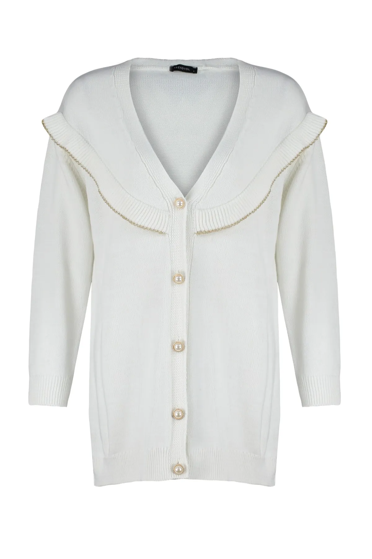 Trendyol Modest  Ecrufarbene Strickjacke mit Glitzer und Perlenknöpfen TCTAW24TH00060