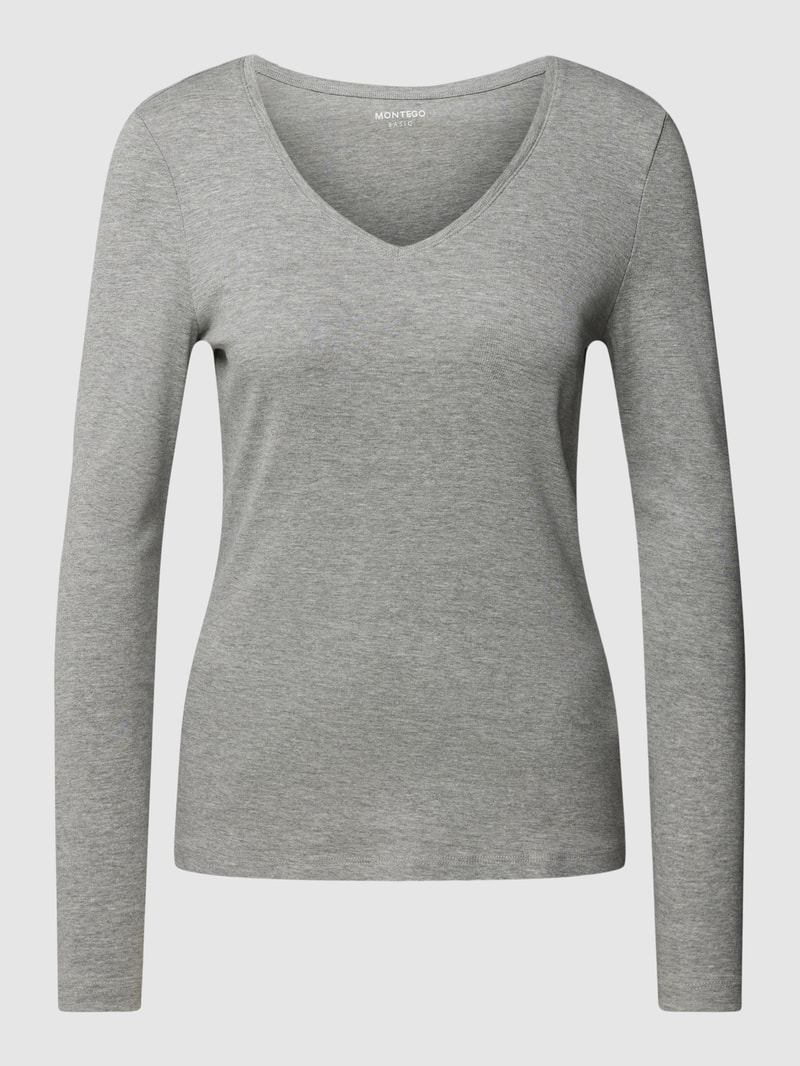 Longsleeve mit V-Ausschnitt in silber meliert