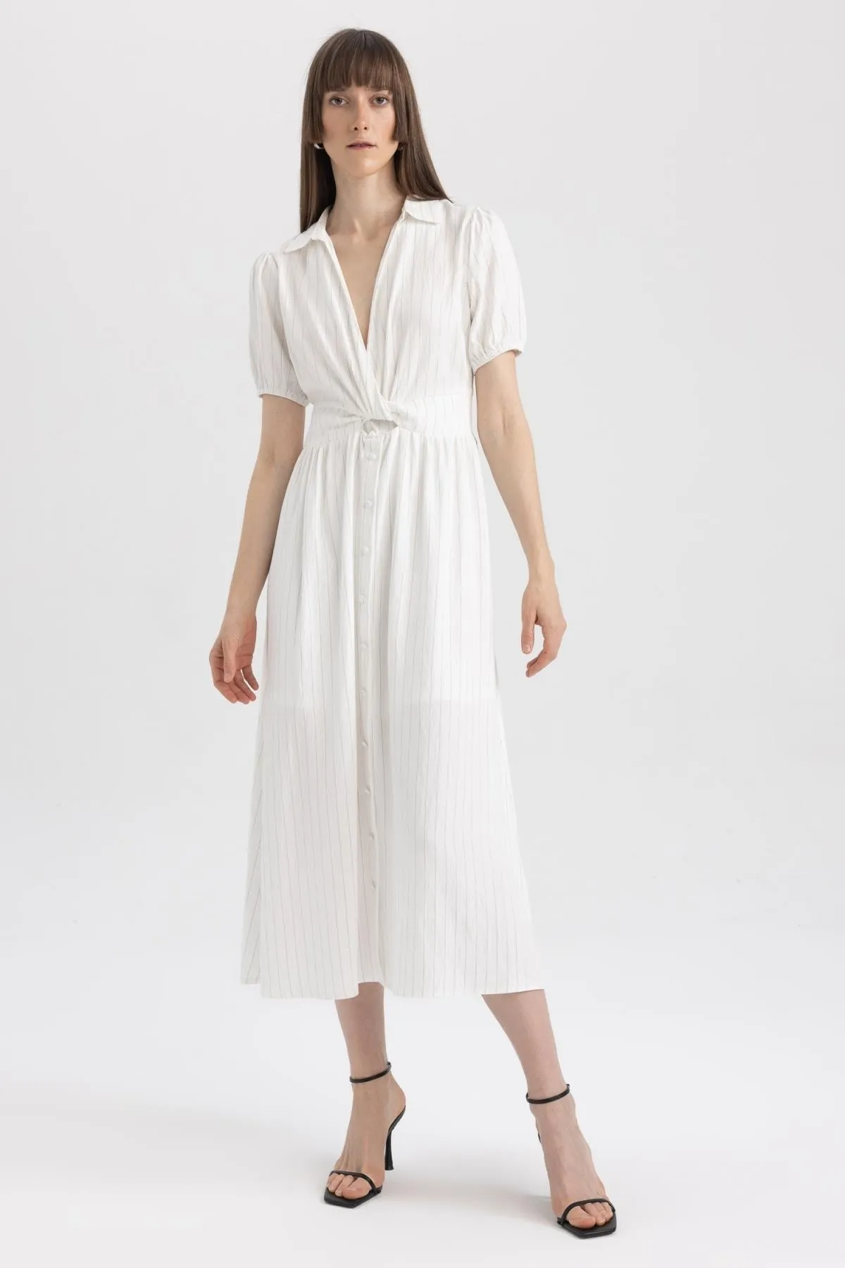 DeFacto  Gestreiftes Midi-Kurzarmkleid mit Hemdkragen