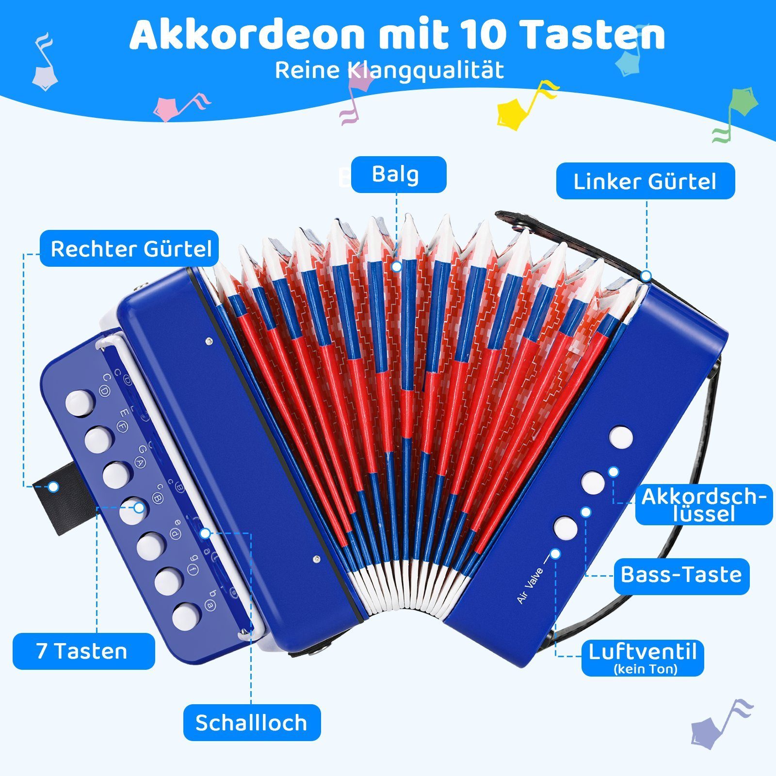 TLGREEN Kinder-Akkordeon Ziehharmonika 10 Tasten, Musikinstrument
