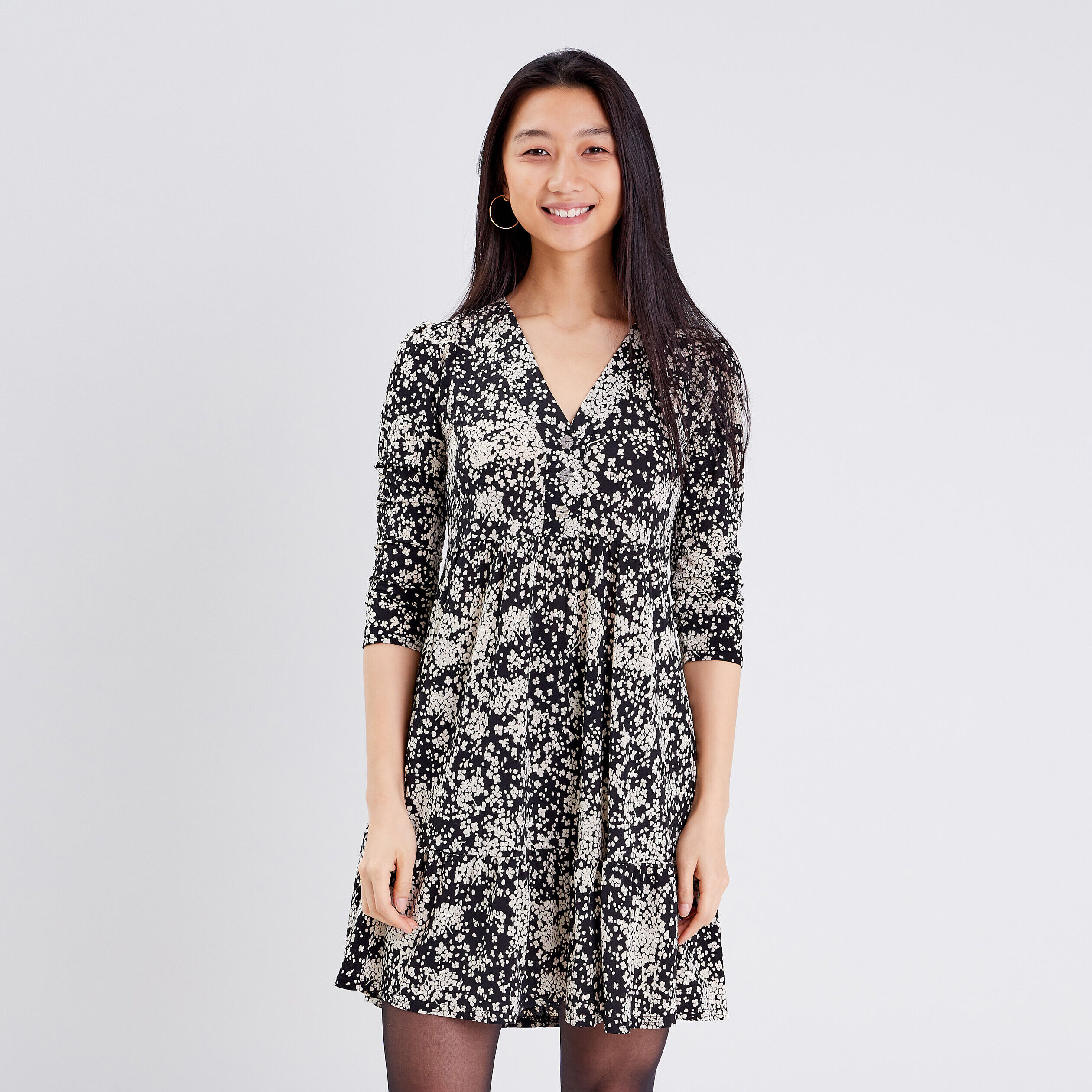 Robe évasée manches 3/4 noir femme | Cache Cache