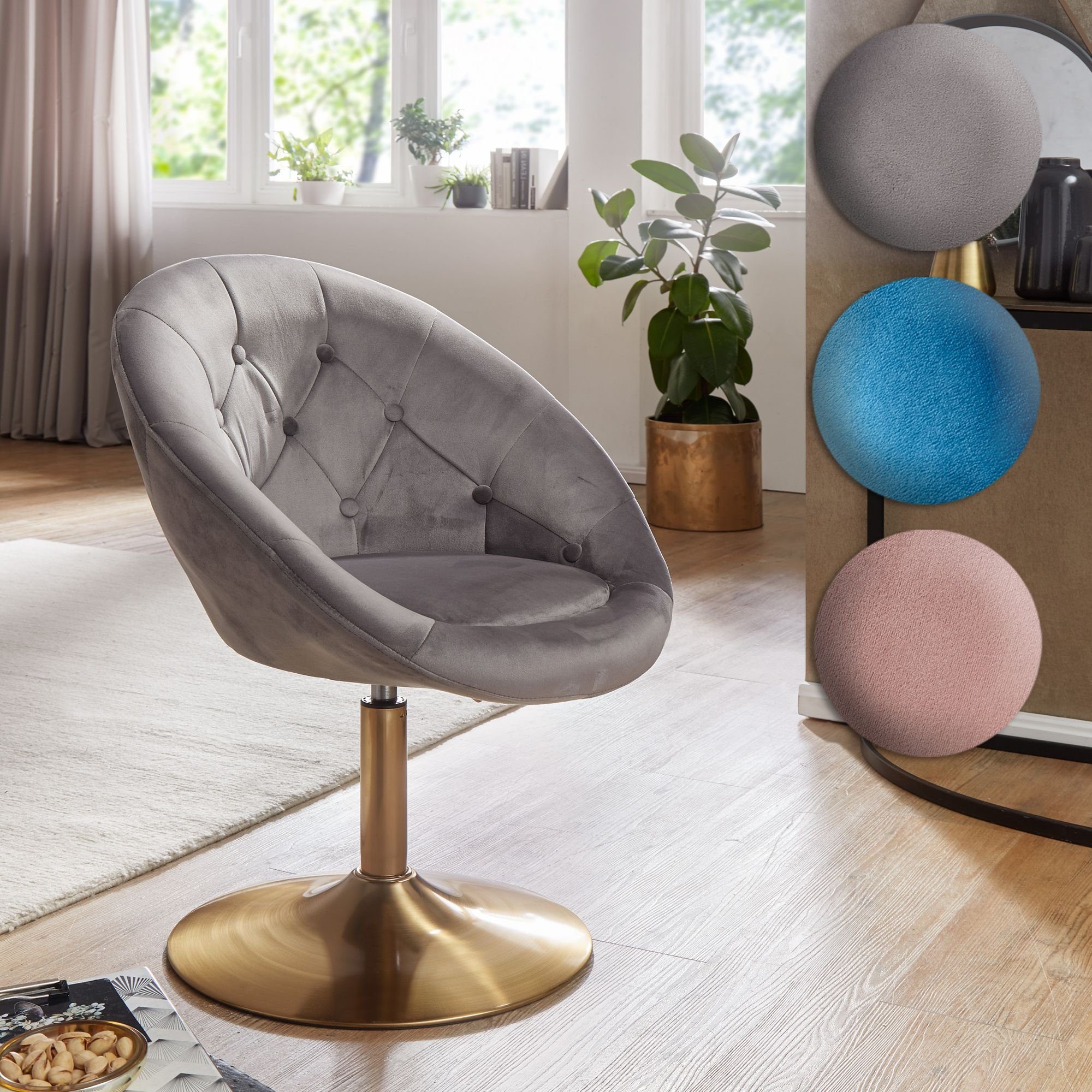 FINEBUY Polsterstuhl FB24204 (Samt Blau / Gold Design Drehstuhl mit Rückenlehne), Clubsessel Lounge, Relaxsessel Loungesessel