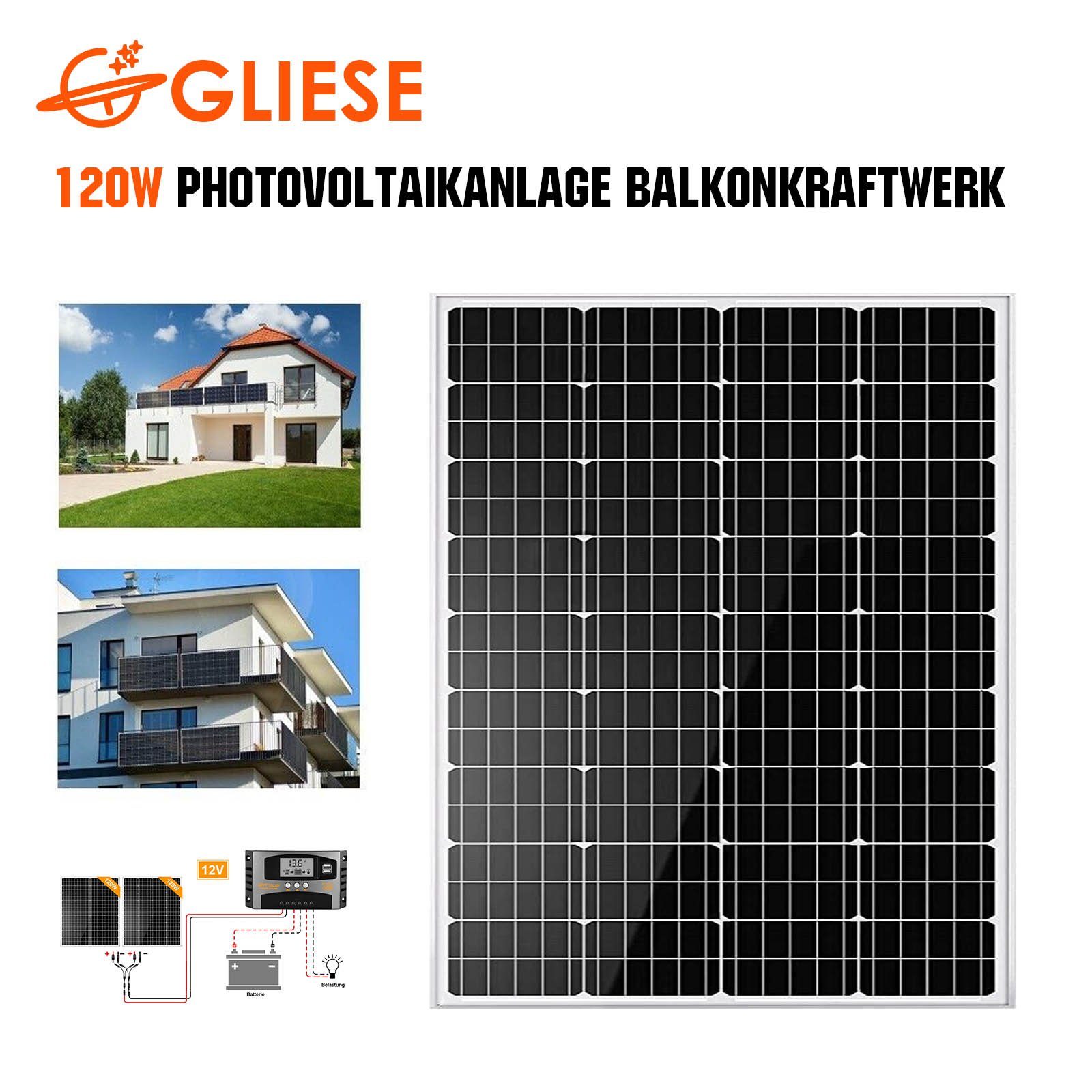 GLIESE Solarmodul 120W 12V Photovoltaik-Panel, monokristallines Solar-PV-Panel, (1-St)