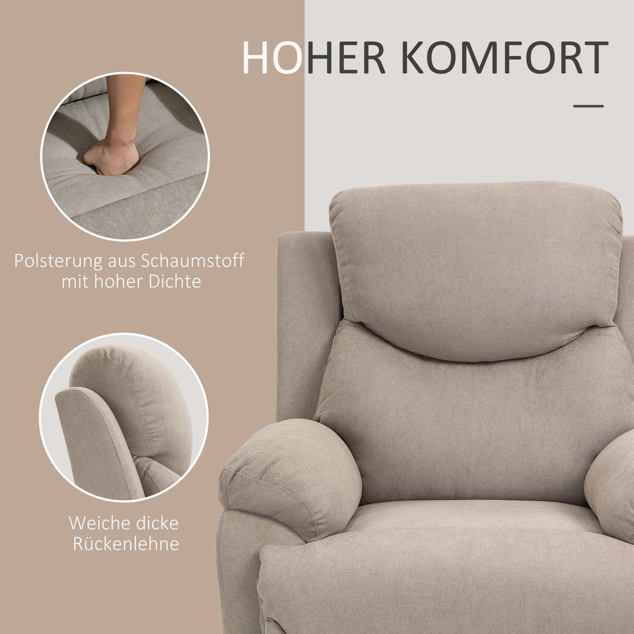 HOMCOM Relaxsessel Einzelsofa Liege 150° neigbar Fernsehsessel Leinen Beige 97 x 96 x 105,5 cm