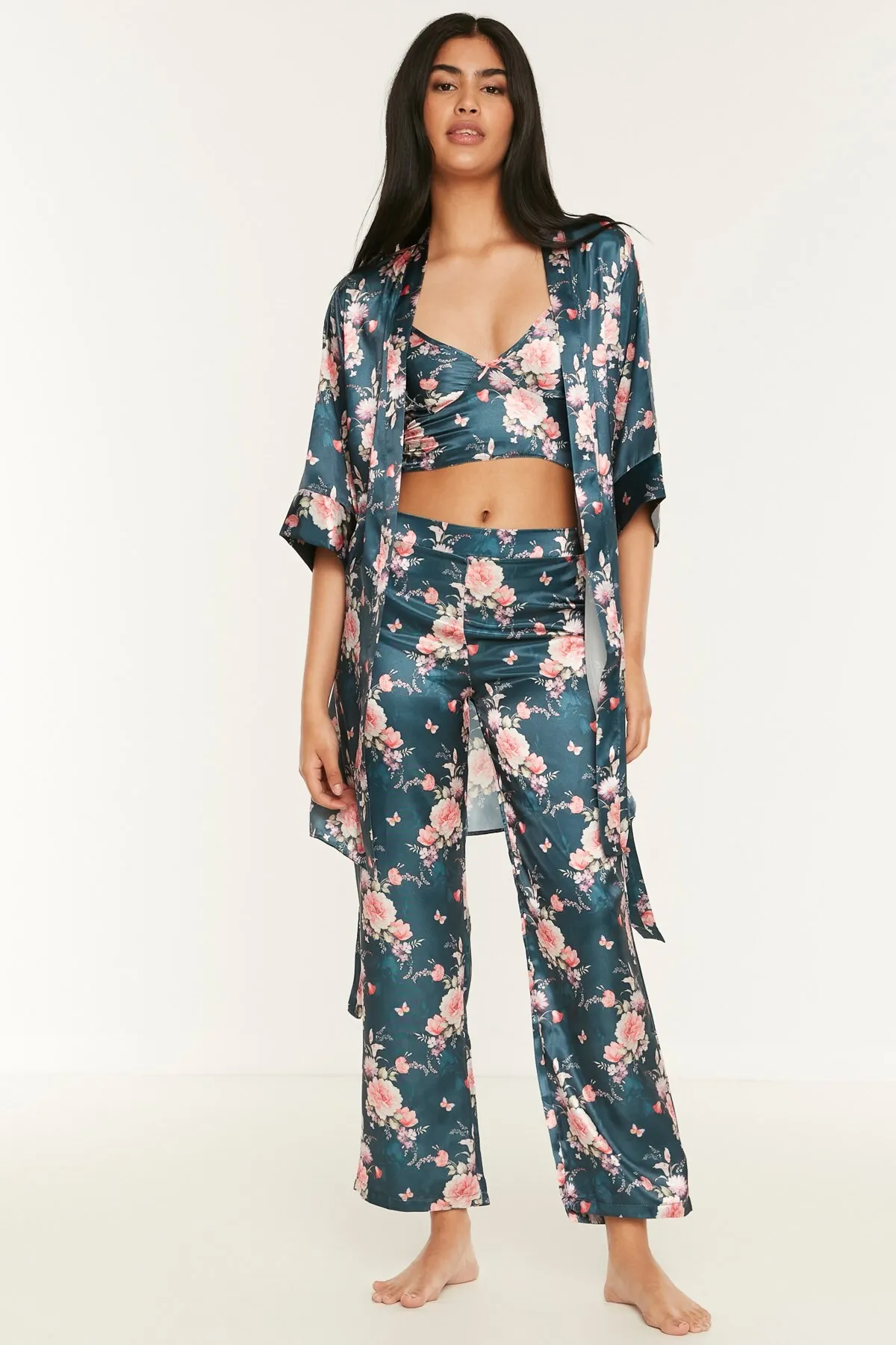C&City  045 Gemustertes 3-teiliges Satin-Pyjama-Set für Damen Petrolgrün