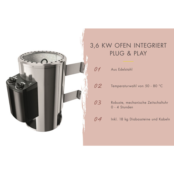 Sauna Ida 1 mit Ofen, 3,6 kW, naturbelassen