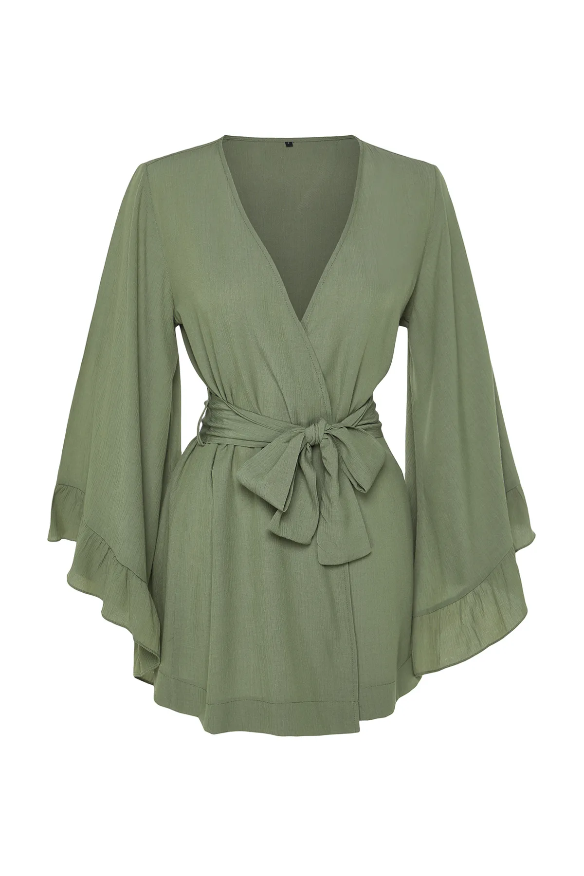 Trendyol Collection  Khakifarbener, gewebter Mini-Volant-Kimono und -Kaftan mit Gürtel TBESS21KM0002