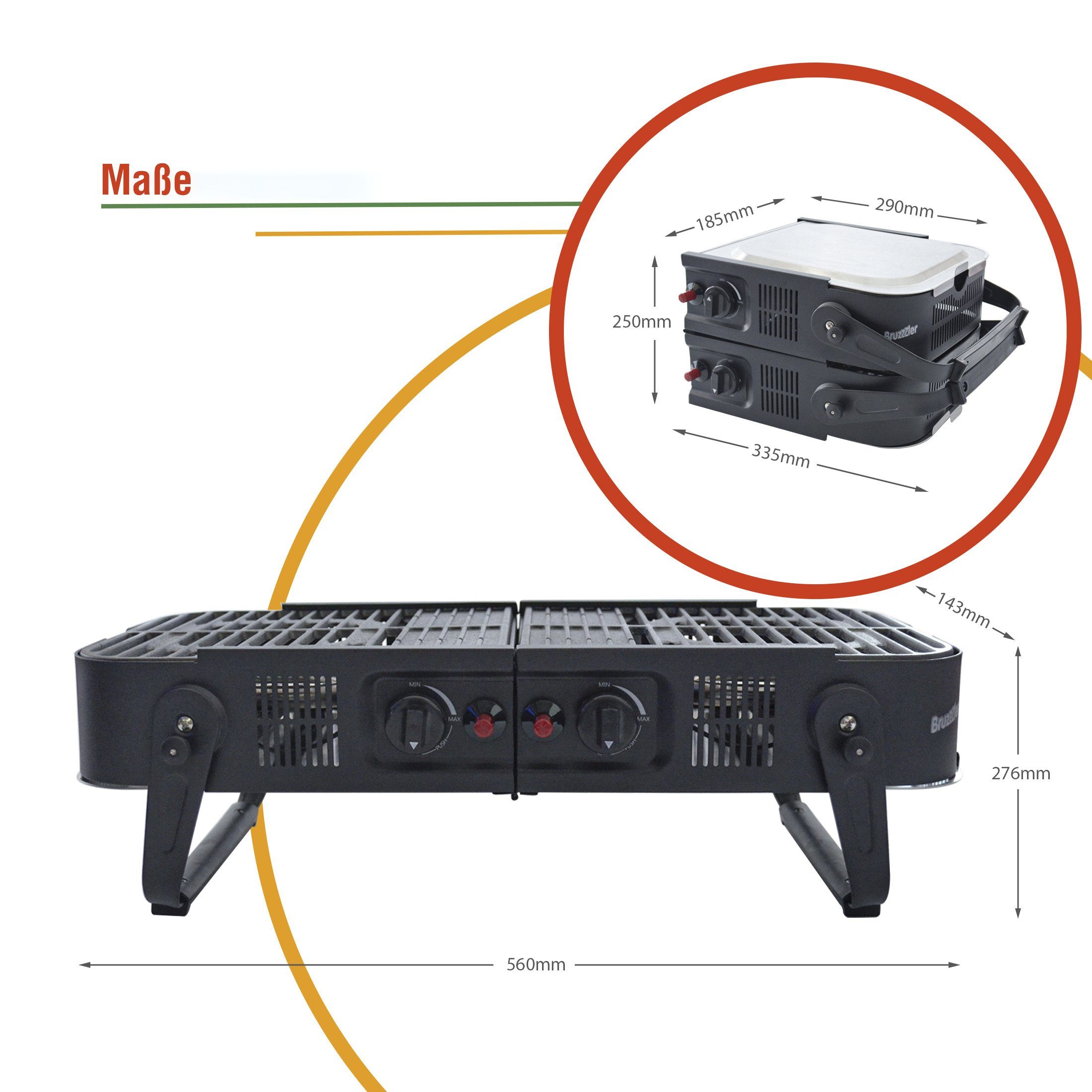 Bruzzzler Camping-Gasgrill Gasgrill zum Klappen, 2-flammiger Gasgrill mit 3,3 kW,zusammenklappbar, Pack, inklusive Tragetasche,für Picknick,Balkon und mehr