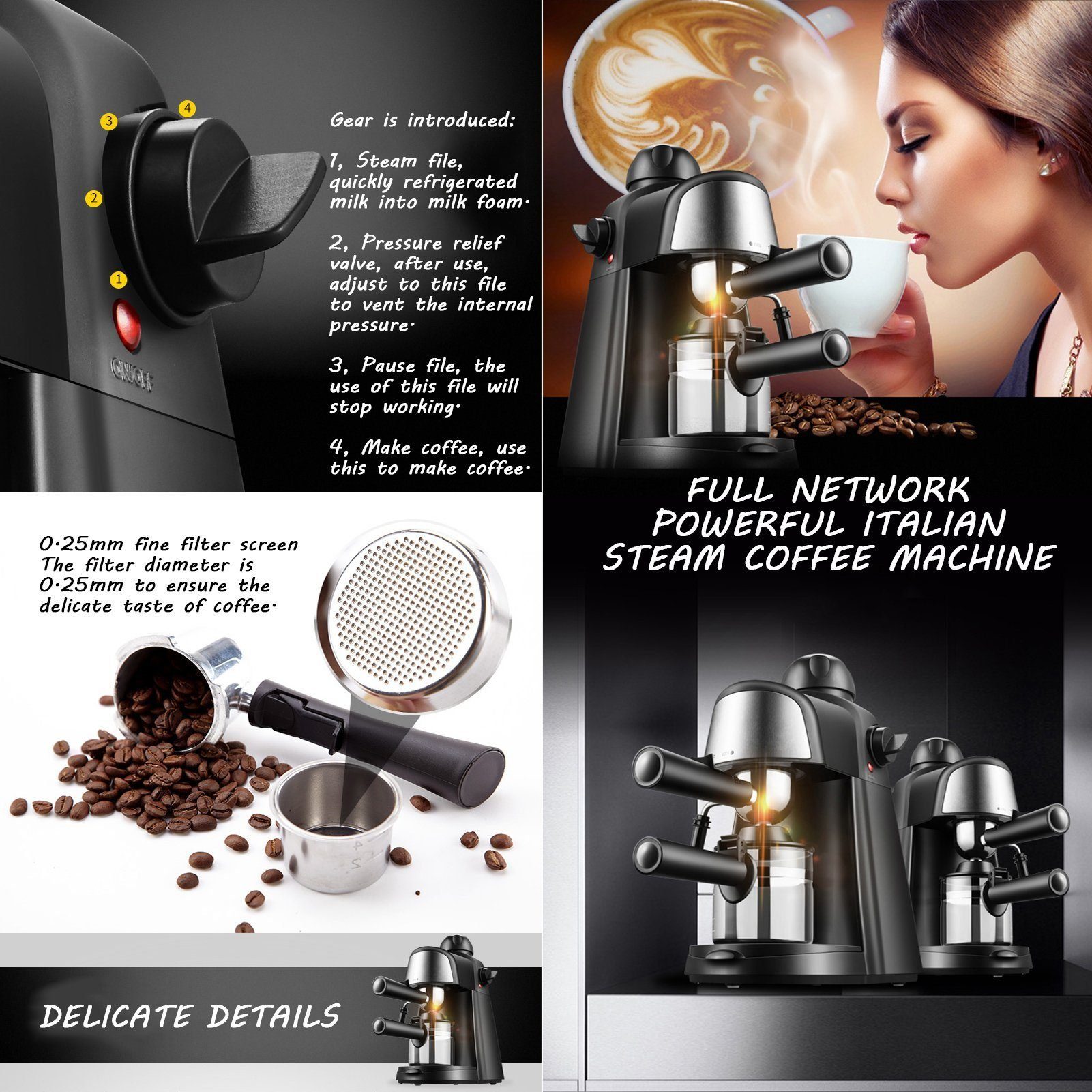 Mutoy Espressomaschine CM6810, kleine Kaffeemaschine mit Milchschäumer, für bis zu 4 Tassen Espresso, 800 W, 5 Bar