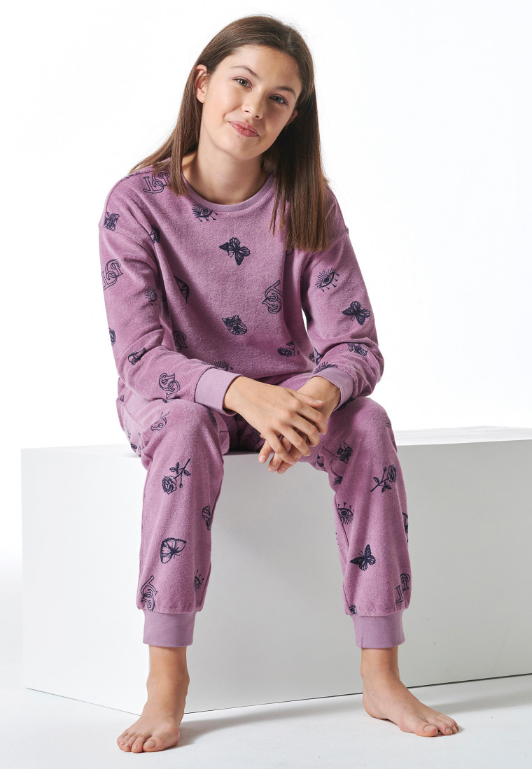 Schlafanzig lang Frottee Bündchen Schmetterlinge mauve - Nightwear