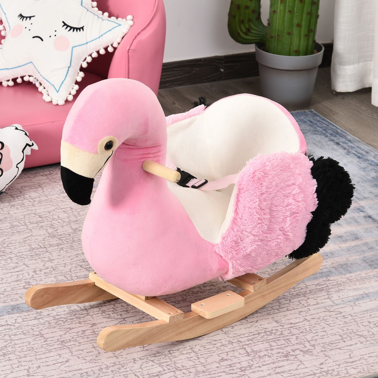 HOMCOM Schaukelpferd Schaukelspielzeug Flamingo mit Sicherheitsgurt Plüsch
