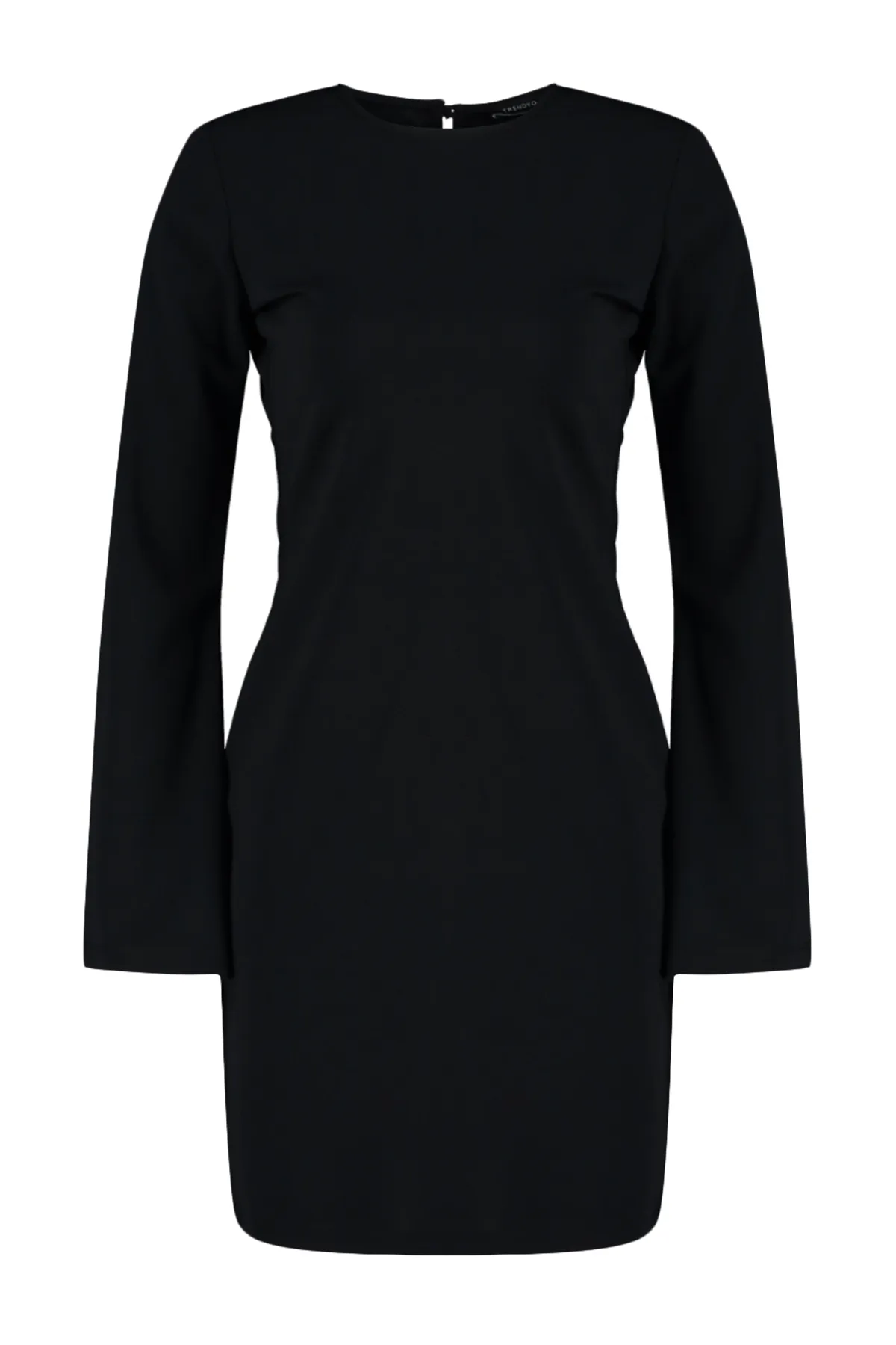 Trendyol Collection  Schwarzes rückenfreies, figurbetontes Mini-Bleistiftkleid aus Stretch-Strick mit spanischen Ärmeln TWOAW24EL00121