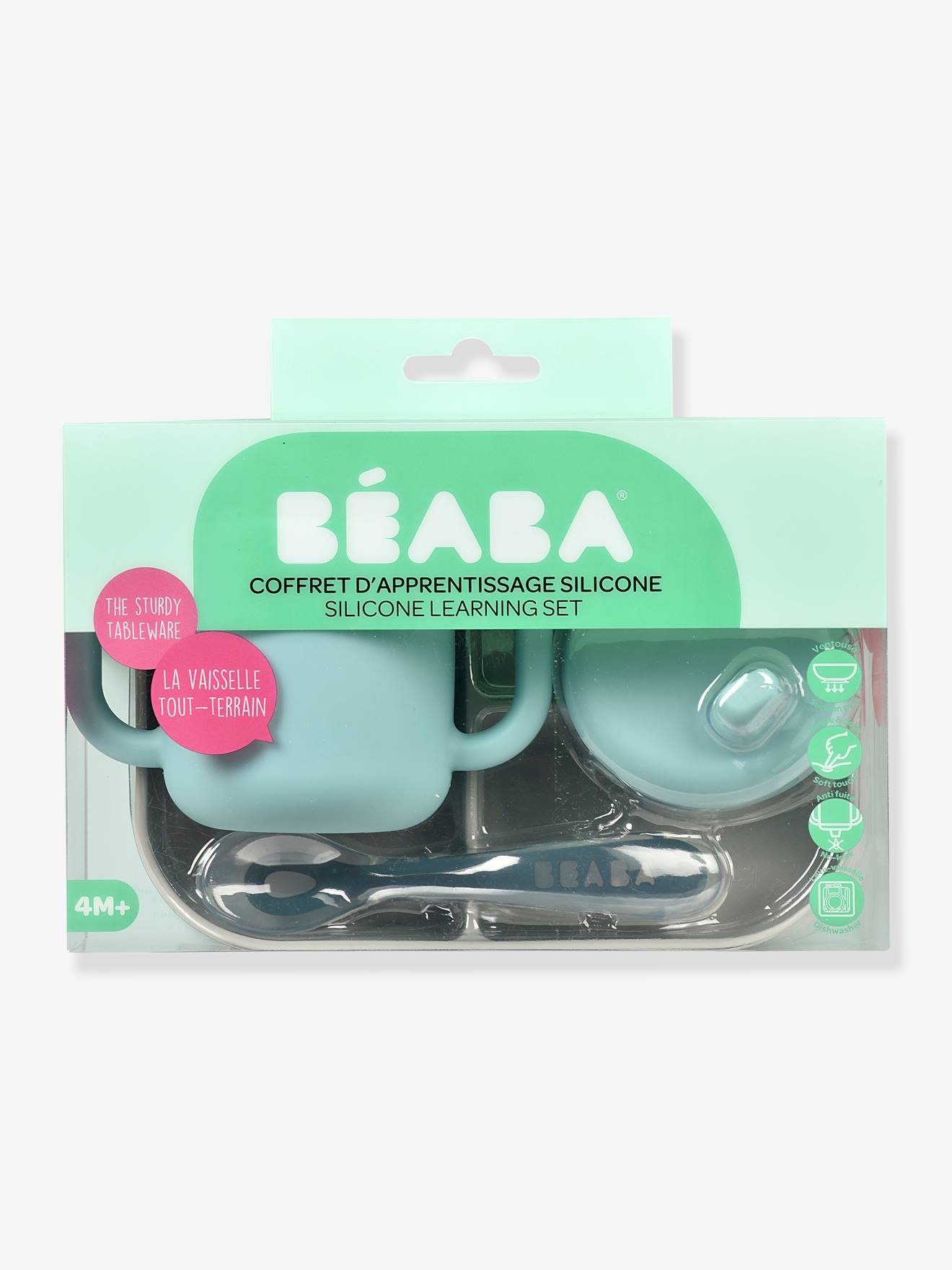 Coffret d’apprentissage 3 pièces BEABA en silicone rose