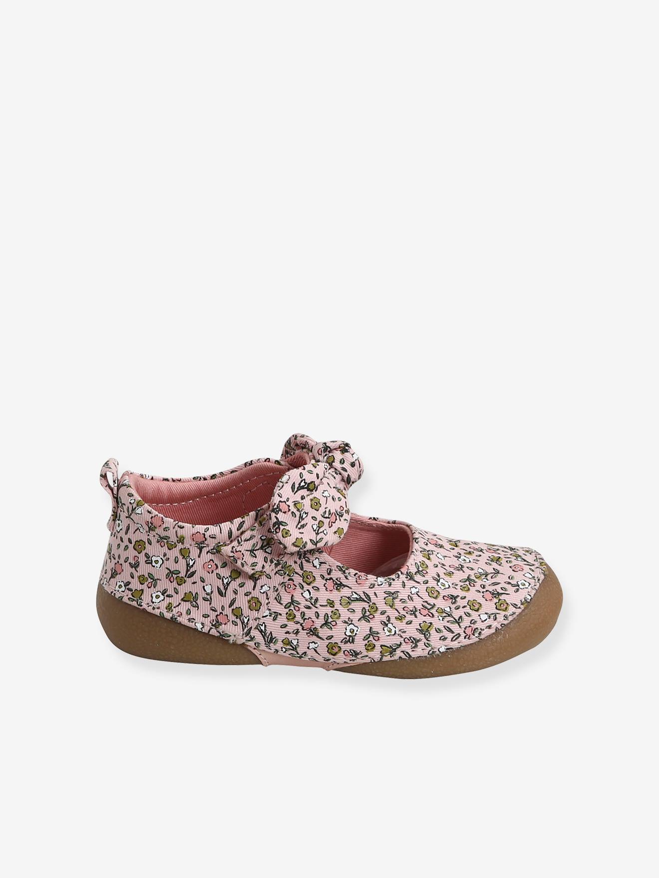 Chaussons ballerines bébé fille en toile imprimée rose clair